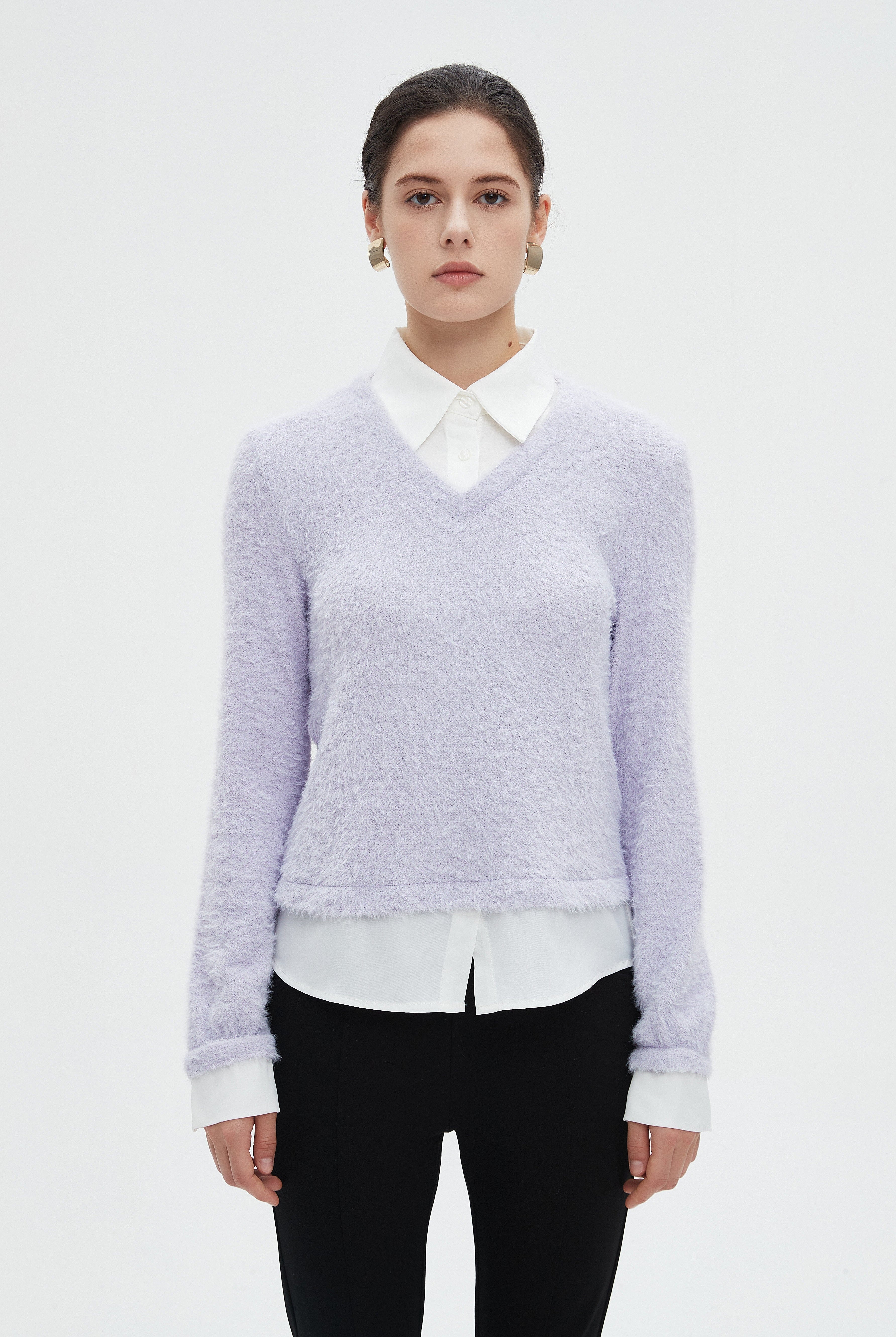 ميكا بلوزة نسائية شتوية ساده بكم طويل وفتحة على شكل V