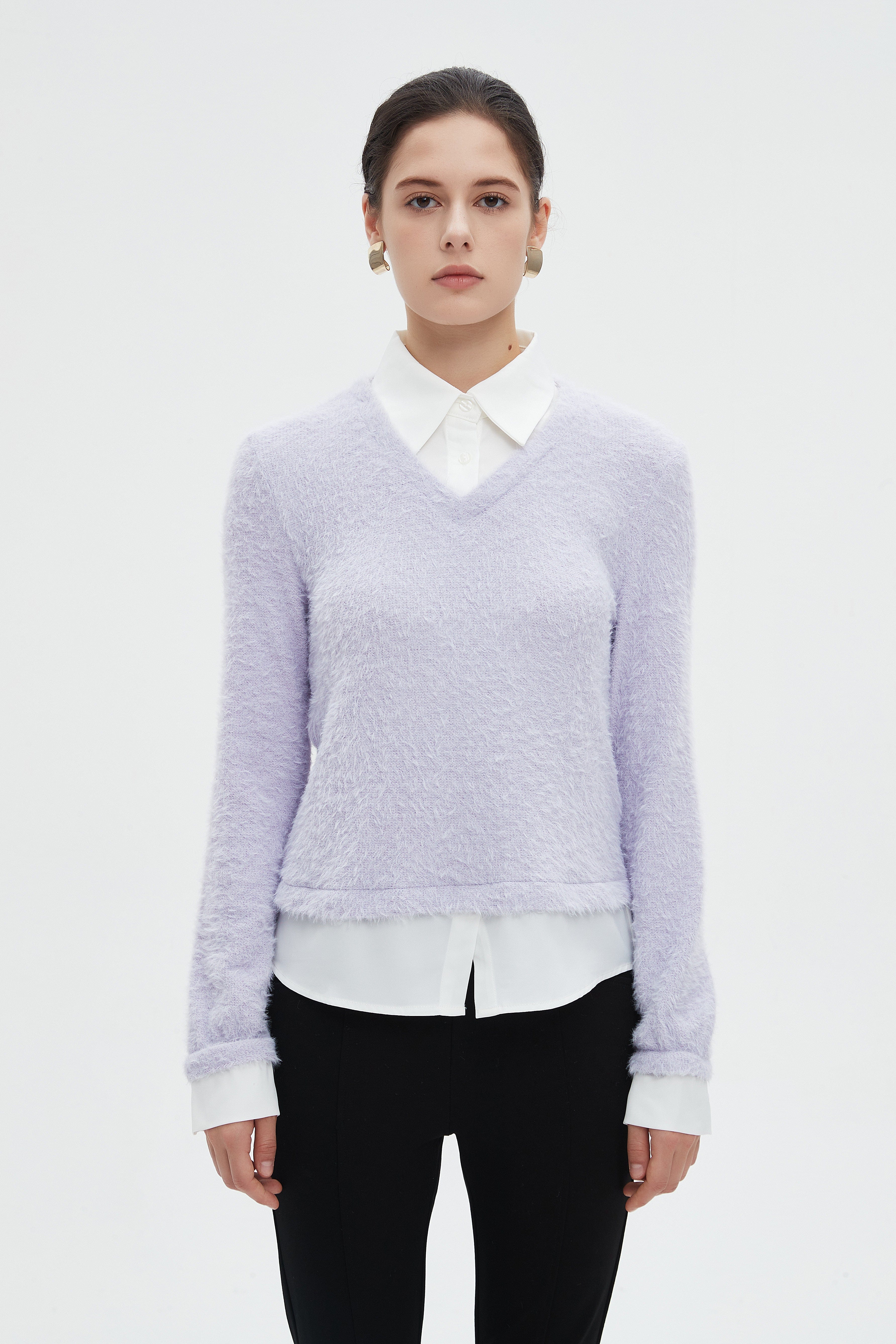 ميكا بلوزة نسائية شتوية ساده بكم طويل وفتحة على شكل V