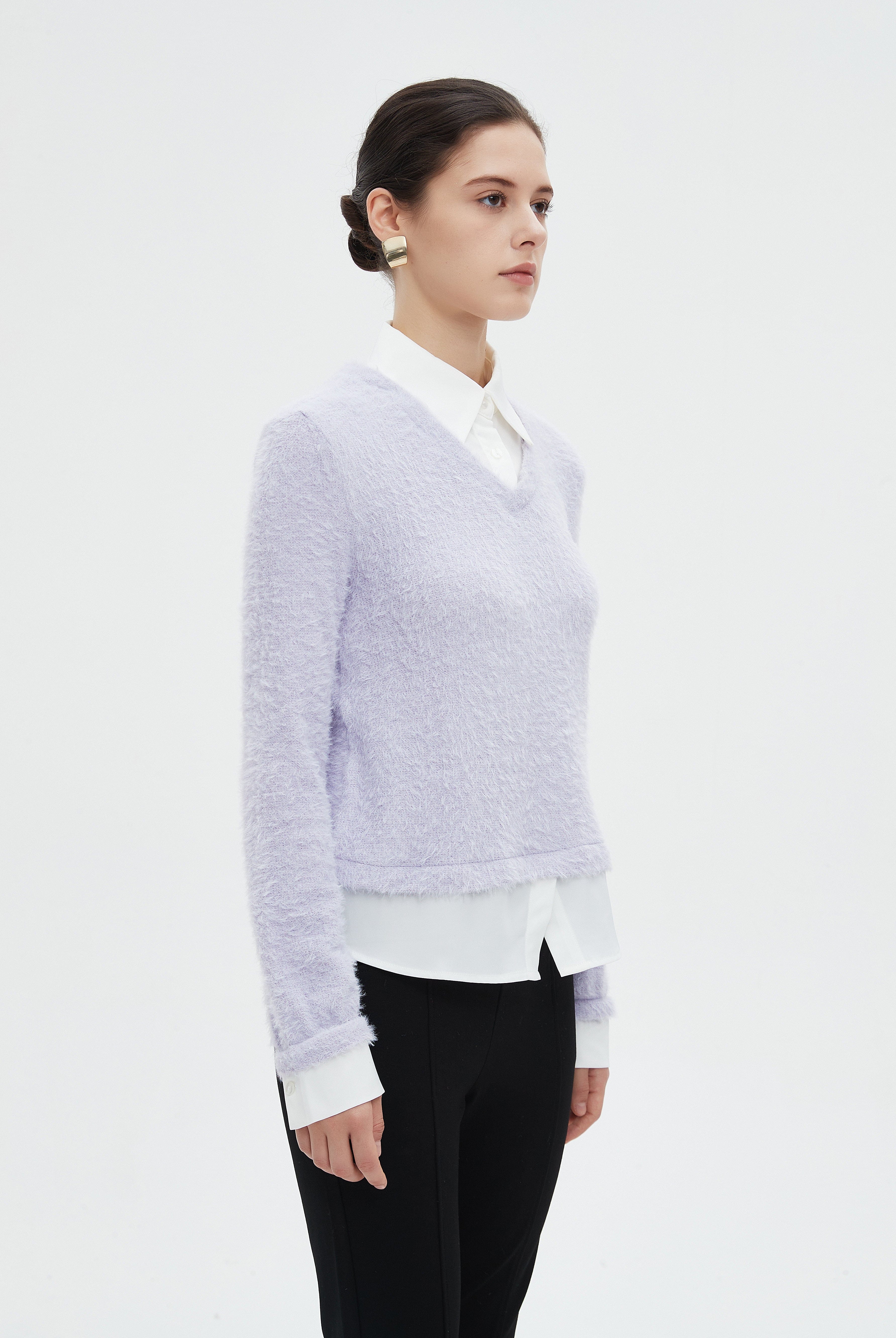 ميكا بلوزة نسائية شتوية ساده بكم طويل وفتحة على شكل V