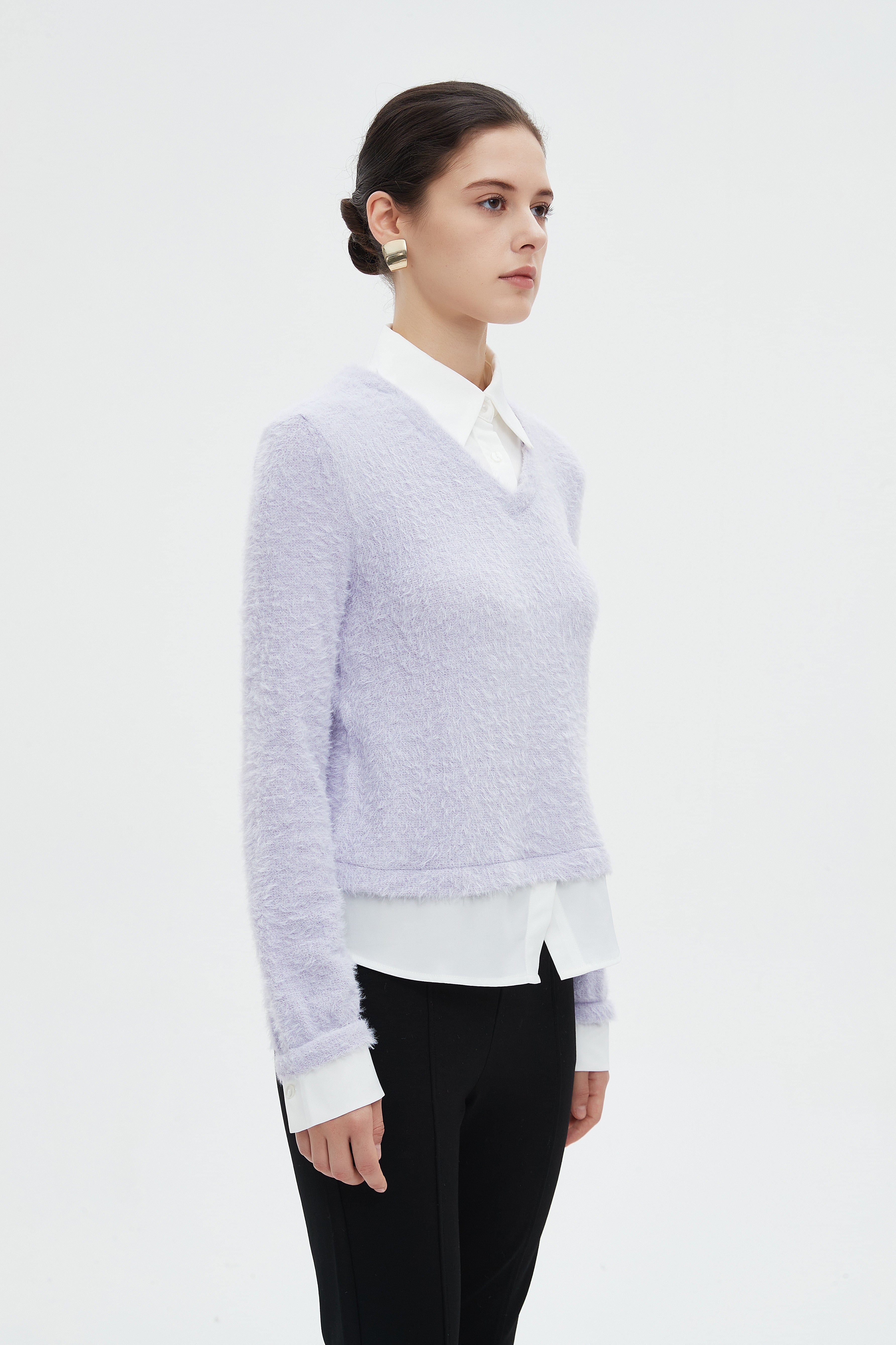 ميكا بلوزة نسائية شتوية ساده بكم طويل وفتحة على شكل V