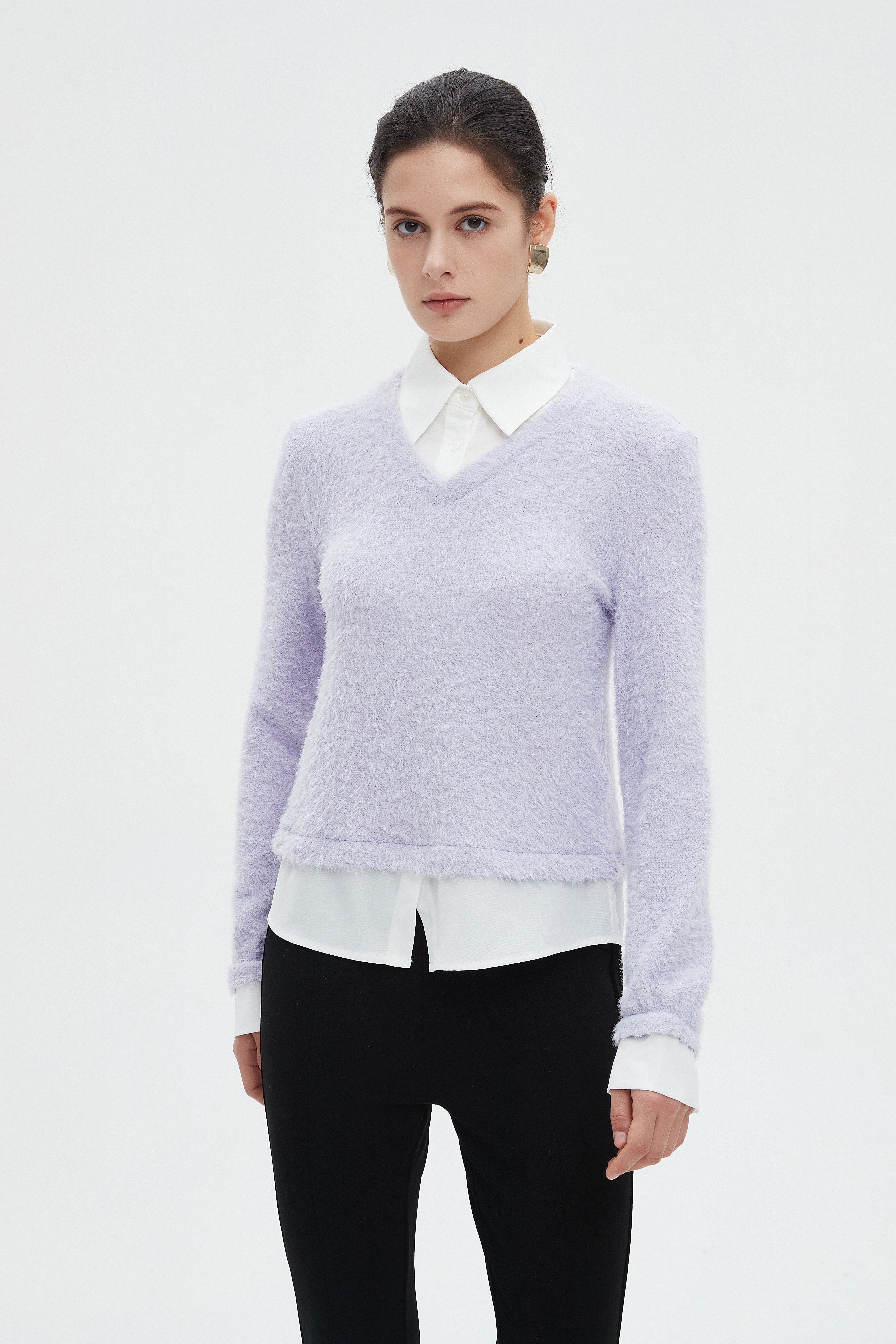 ميكا بلوزة نسائية شتوية ساده بكم طويل وفتحة على شكل V