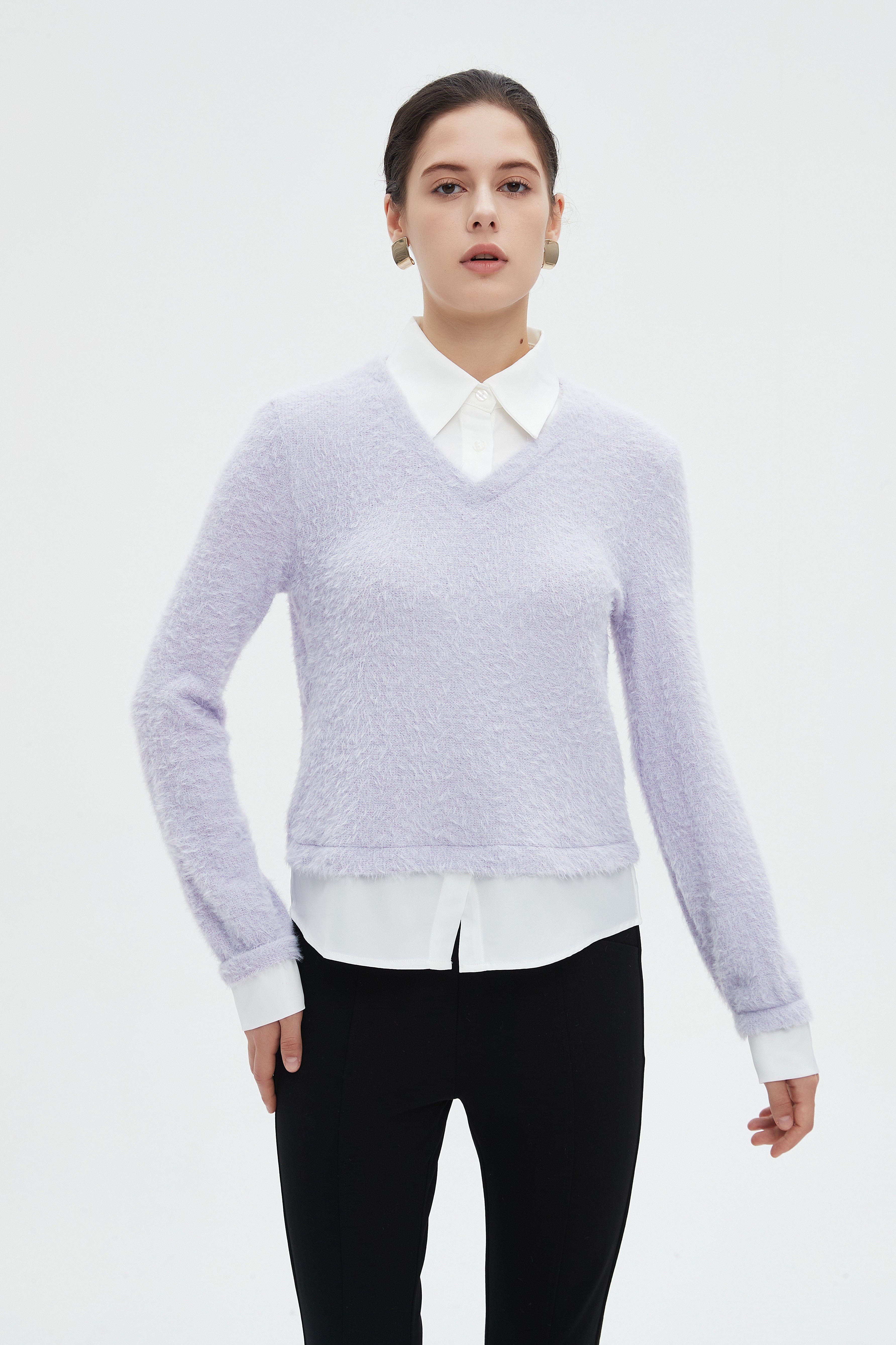 ميكا بلوزة نسائية شتوية ساده بكم طويل وفتحة على شكل V