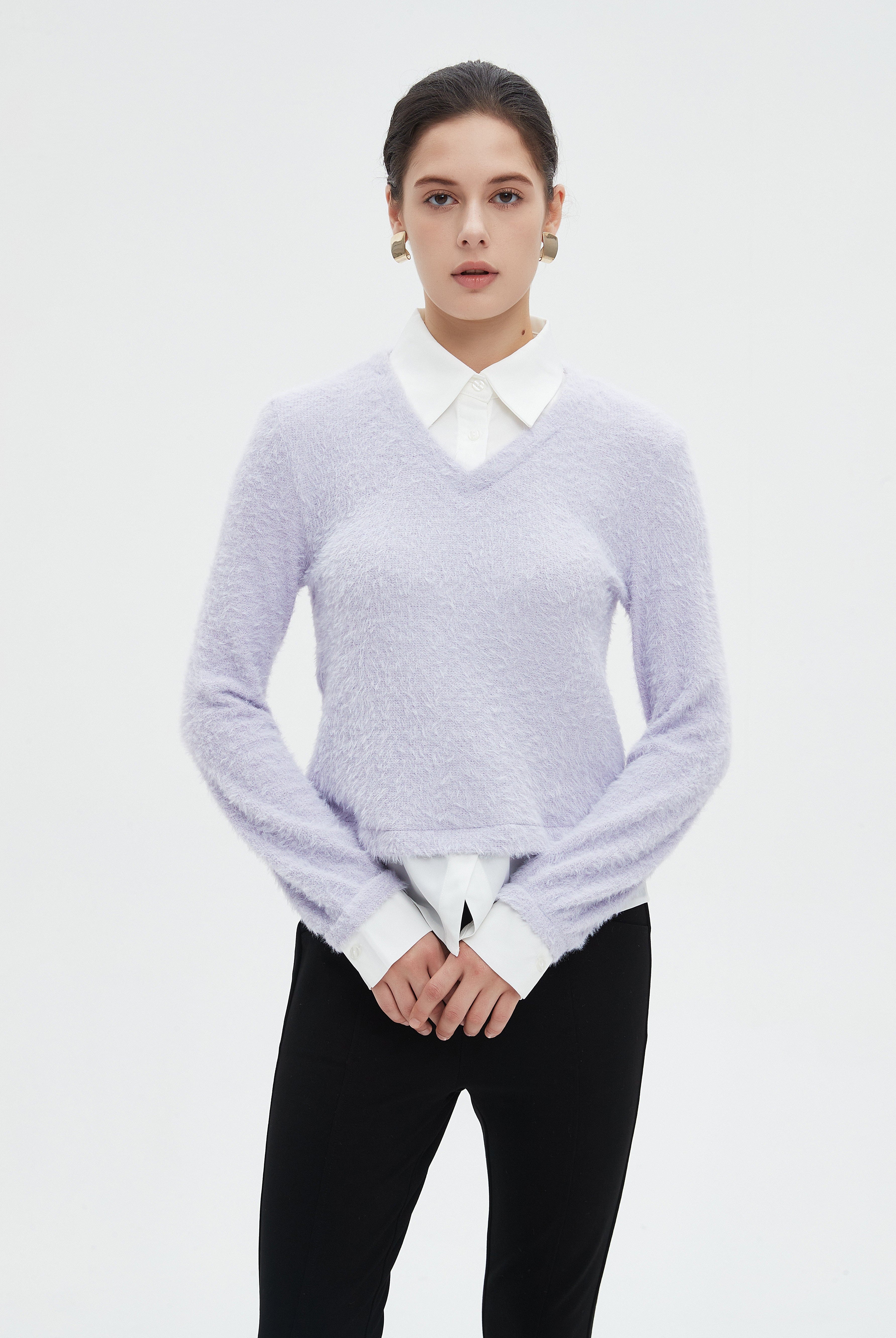 ميكا بلوزة نسائية شتوية ساده بكم طويل وفتحة على شكل V