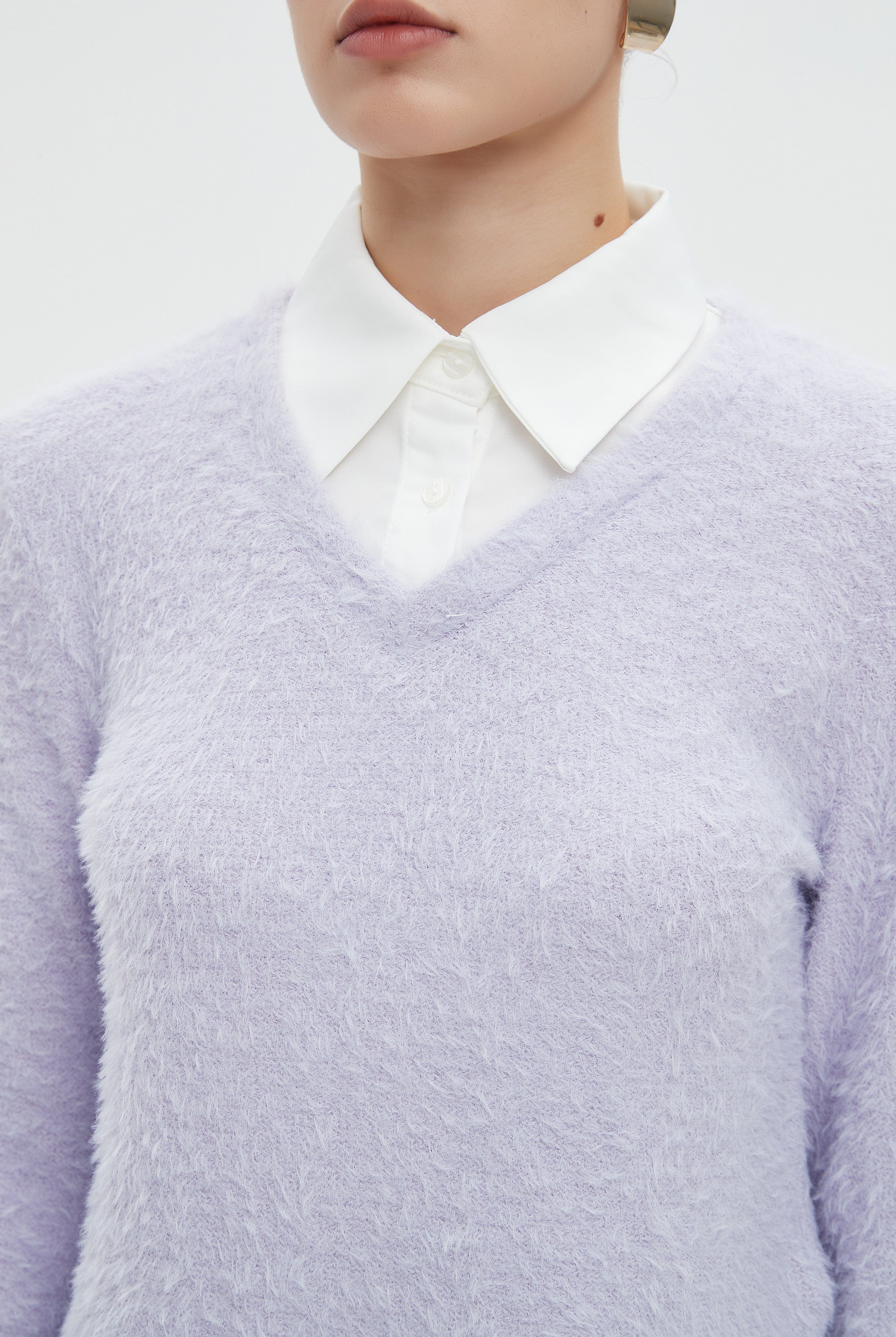 ميكا بلوزة نسائية شتوية ساده بكم طويل وفتحة على شكل V