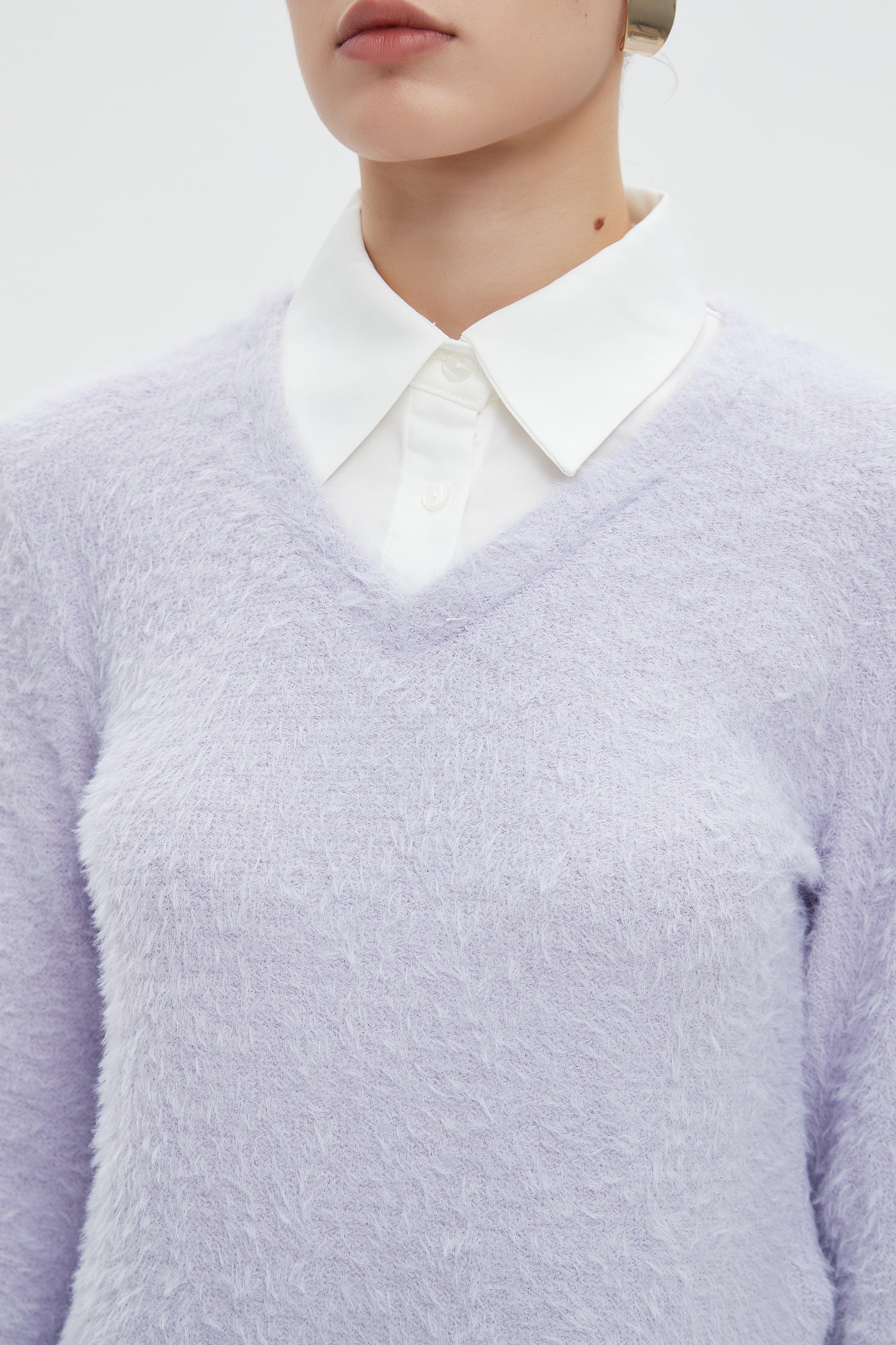 ميكا بلوزة نسائية شتوية ساده بكم طويل وفتحة على شكل V