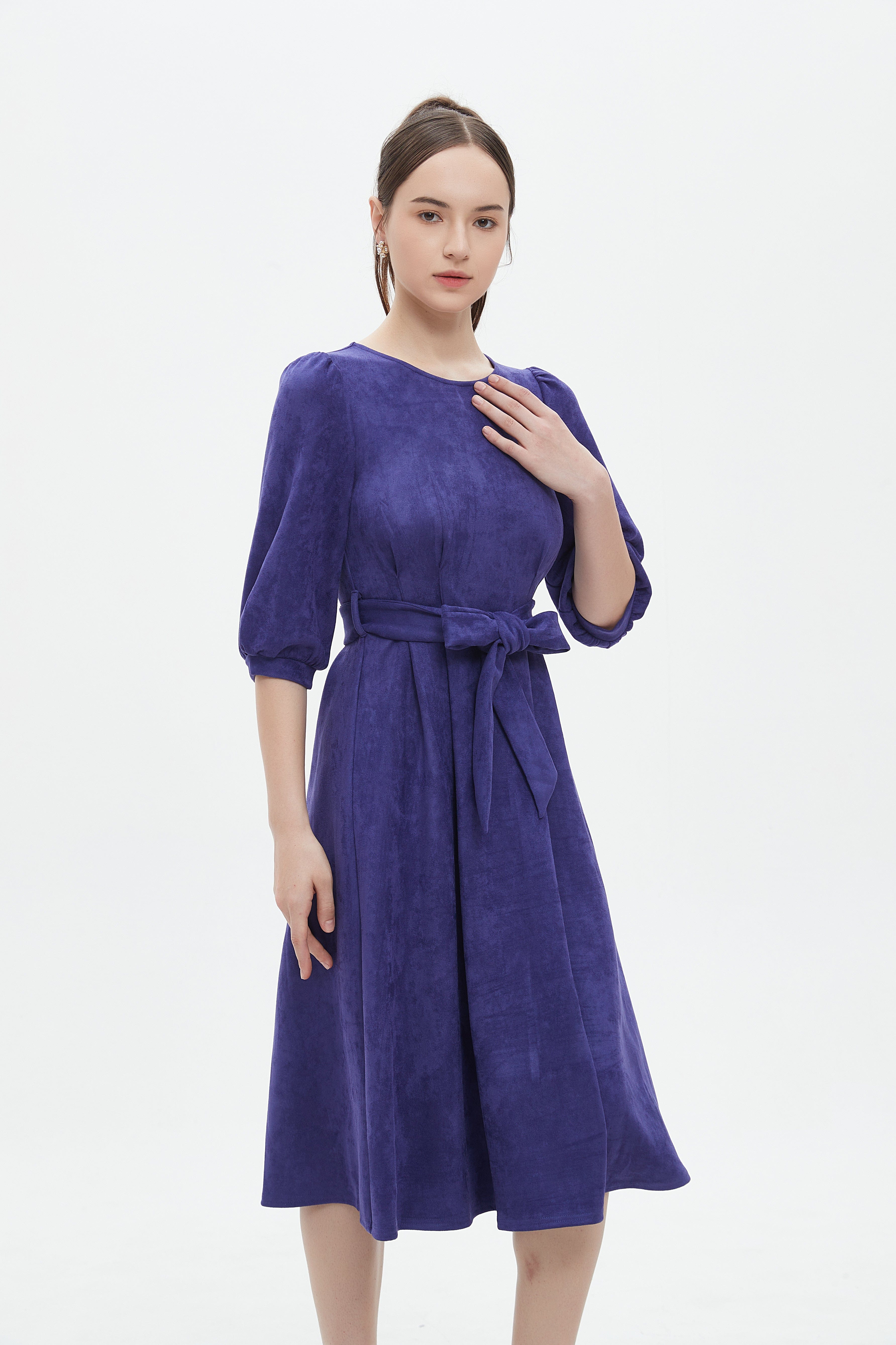 ميكا فستان ميدي بأكمام 3/4 برباط خصر