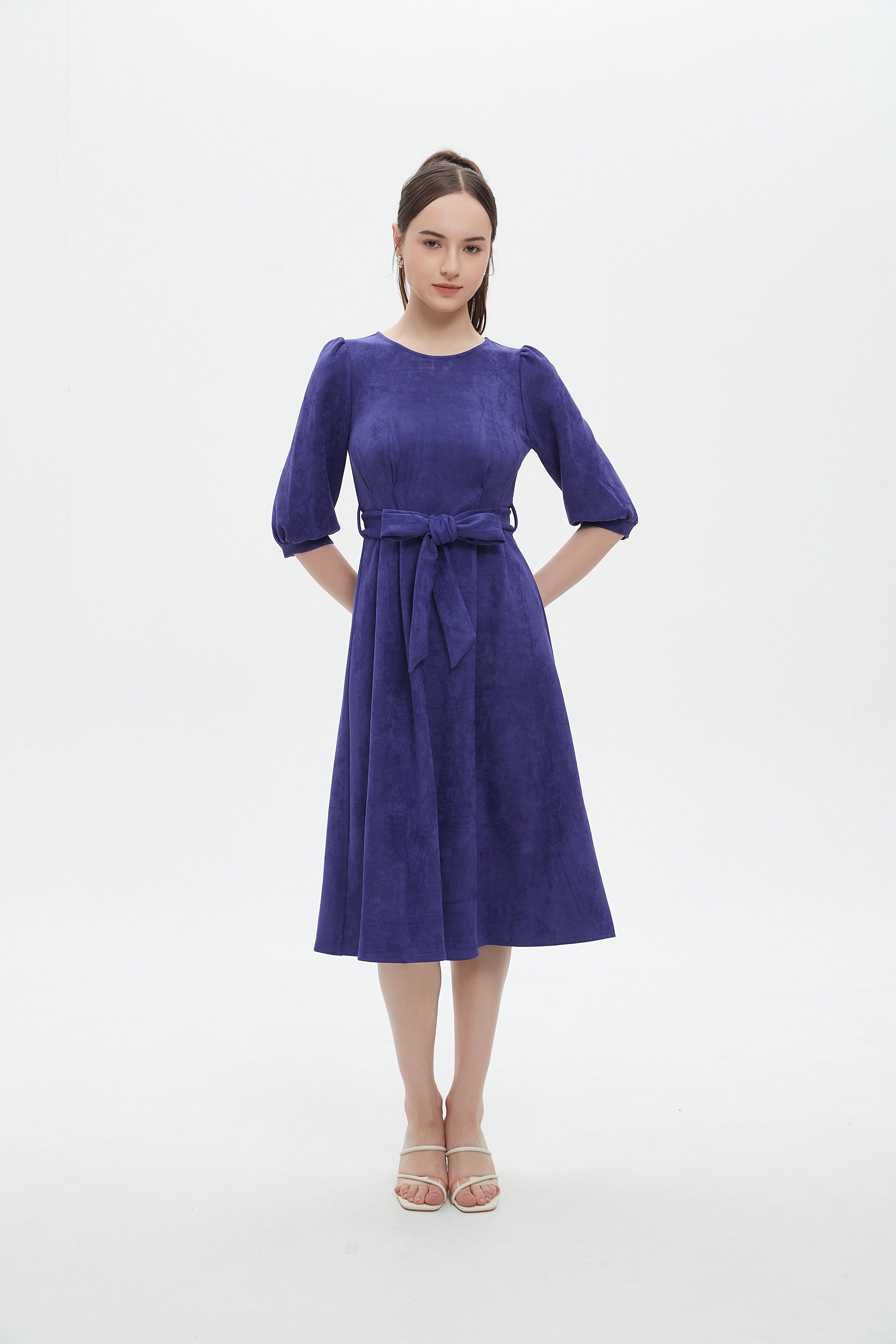 ميكا فستان ميدي بأكمام 3/4 برباط خصر