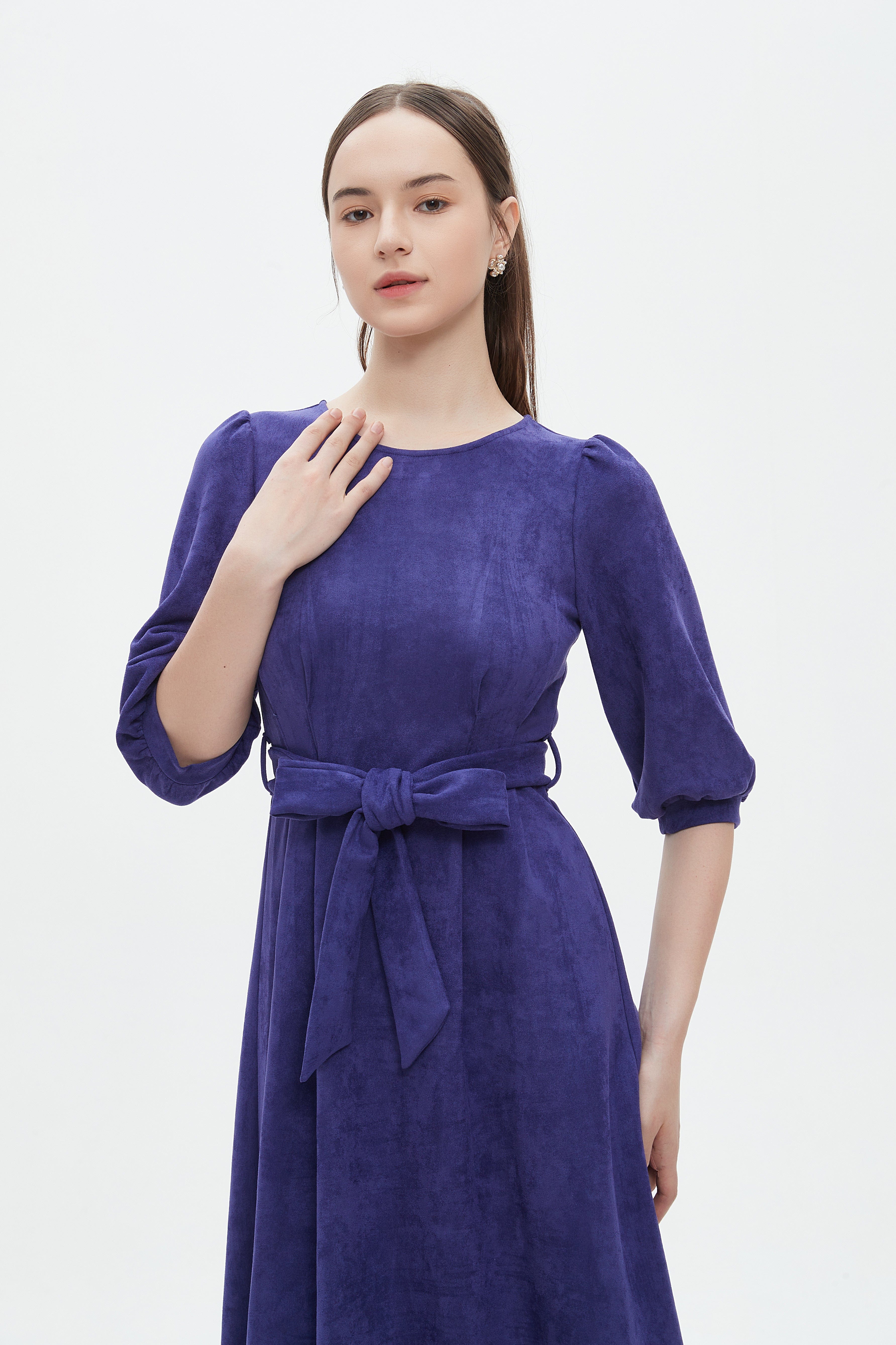 ميكا فستان ميدي بأكمام 3/4 برباط خصر