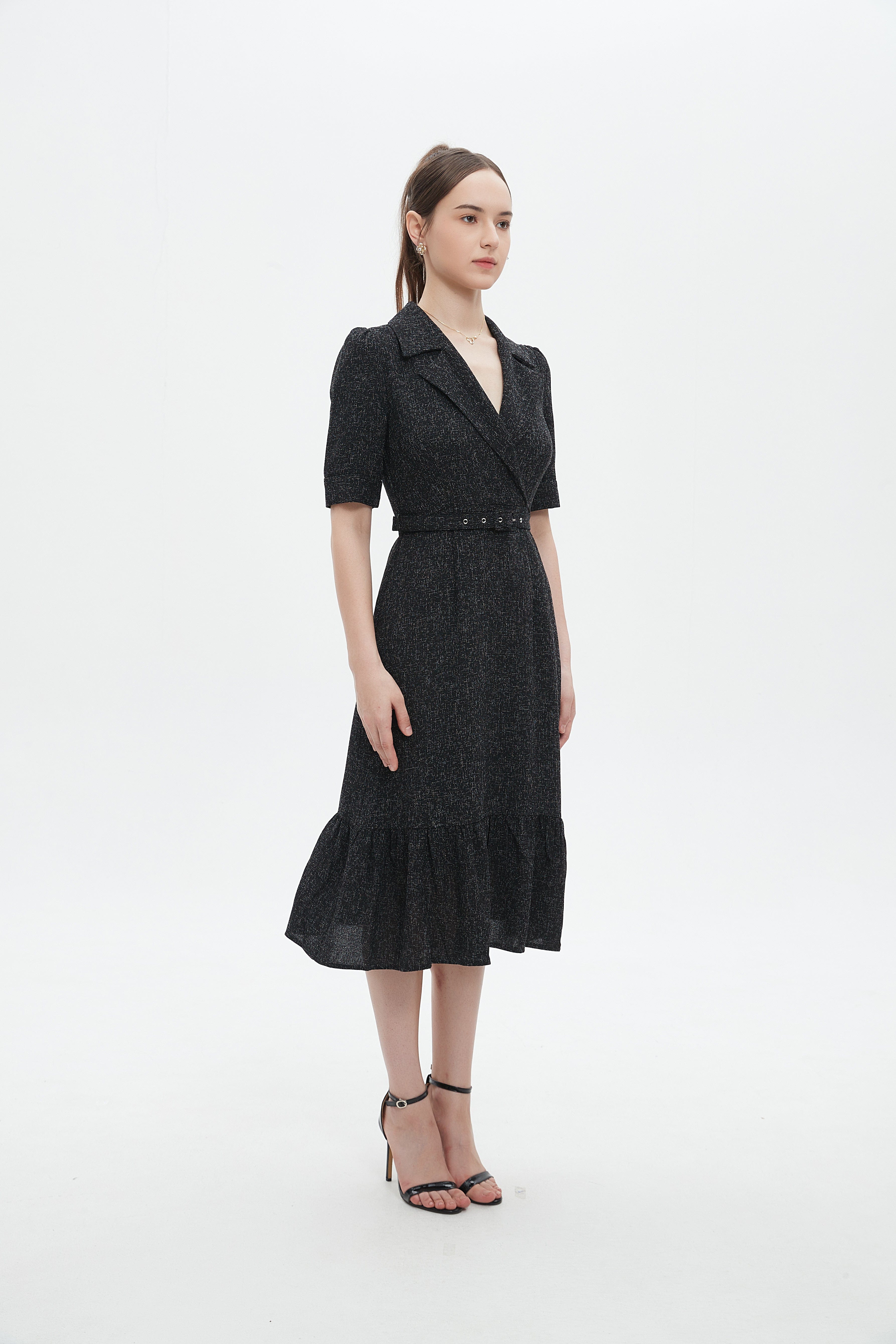 ميكا فستان ميدي ميدى بياقة وحزام على الخصر نص كم