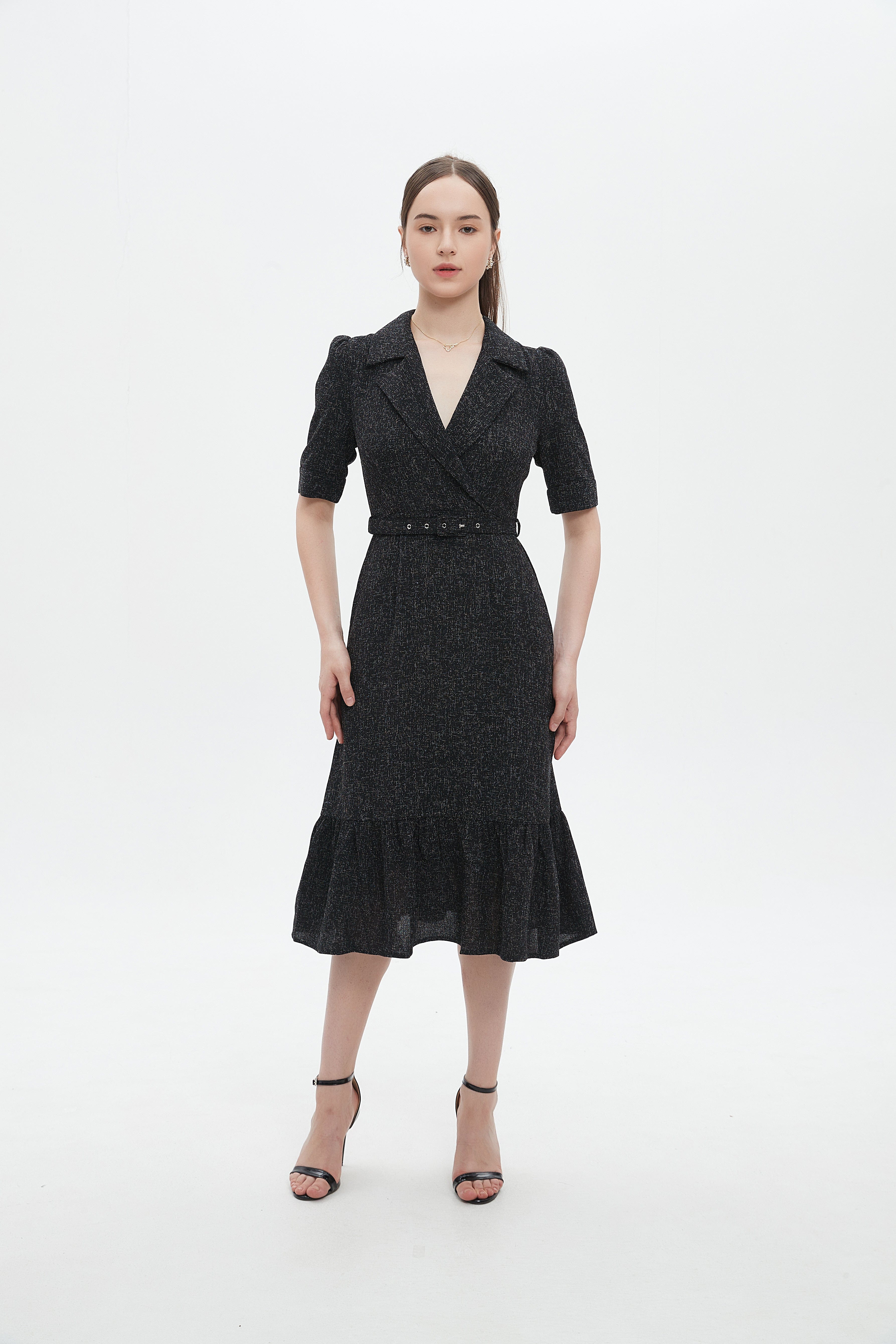 ميكا فستان ميدي ميدى بياقة وحزام على الخصر نص كم