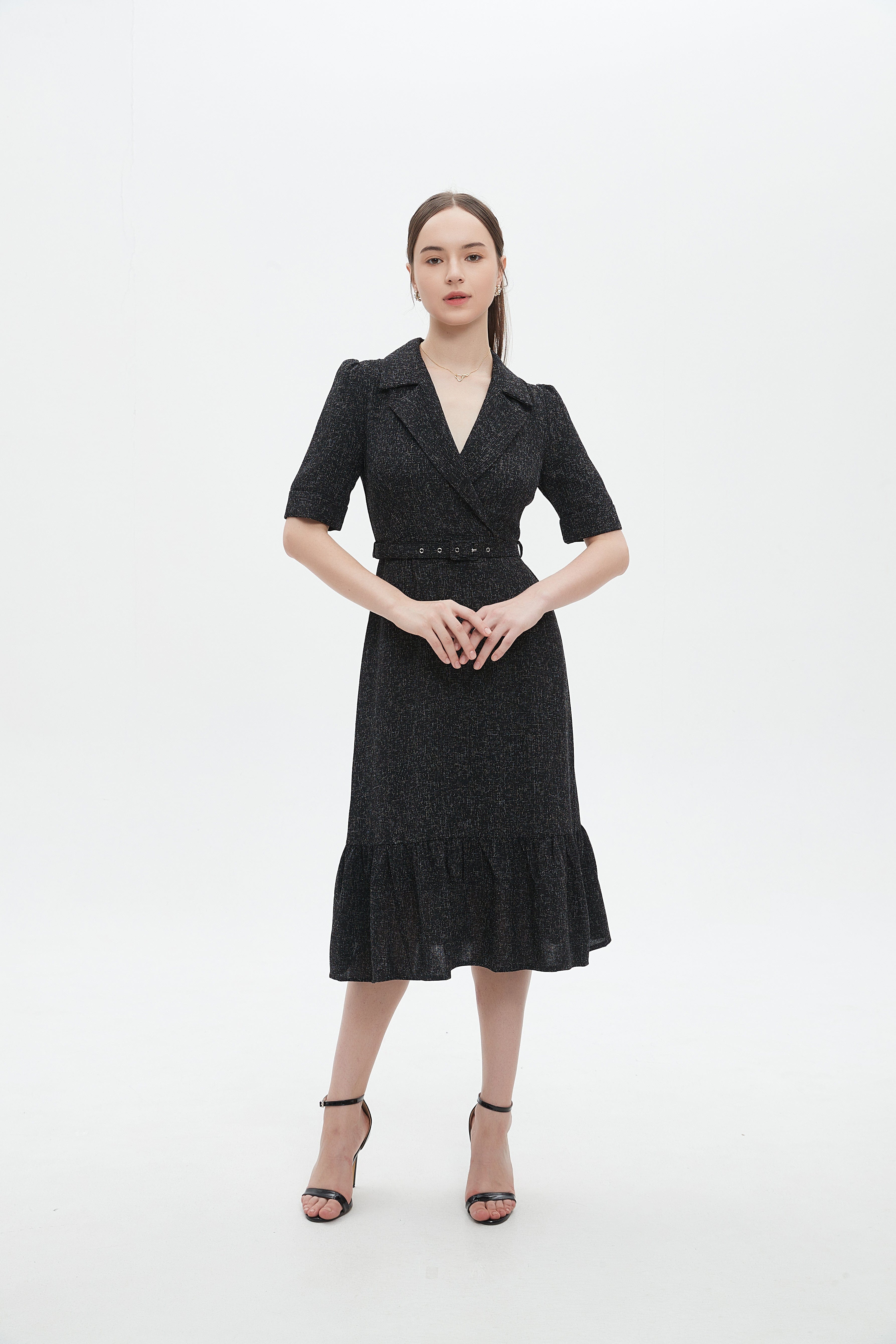 ميكا فستان ميدي ميدى بياقة وحزام على الخصر نص كم