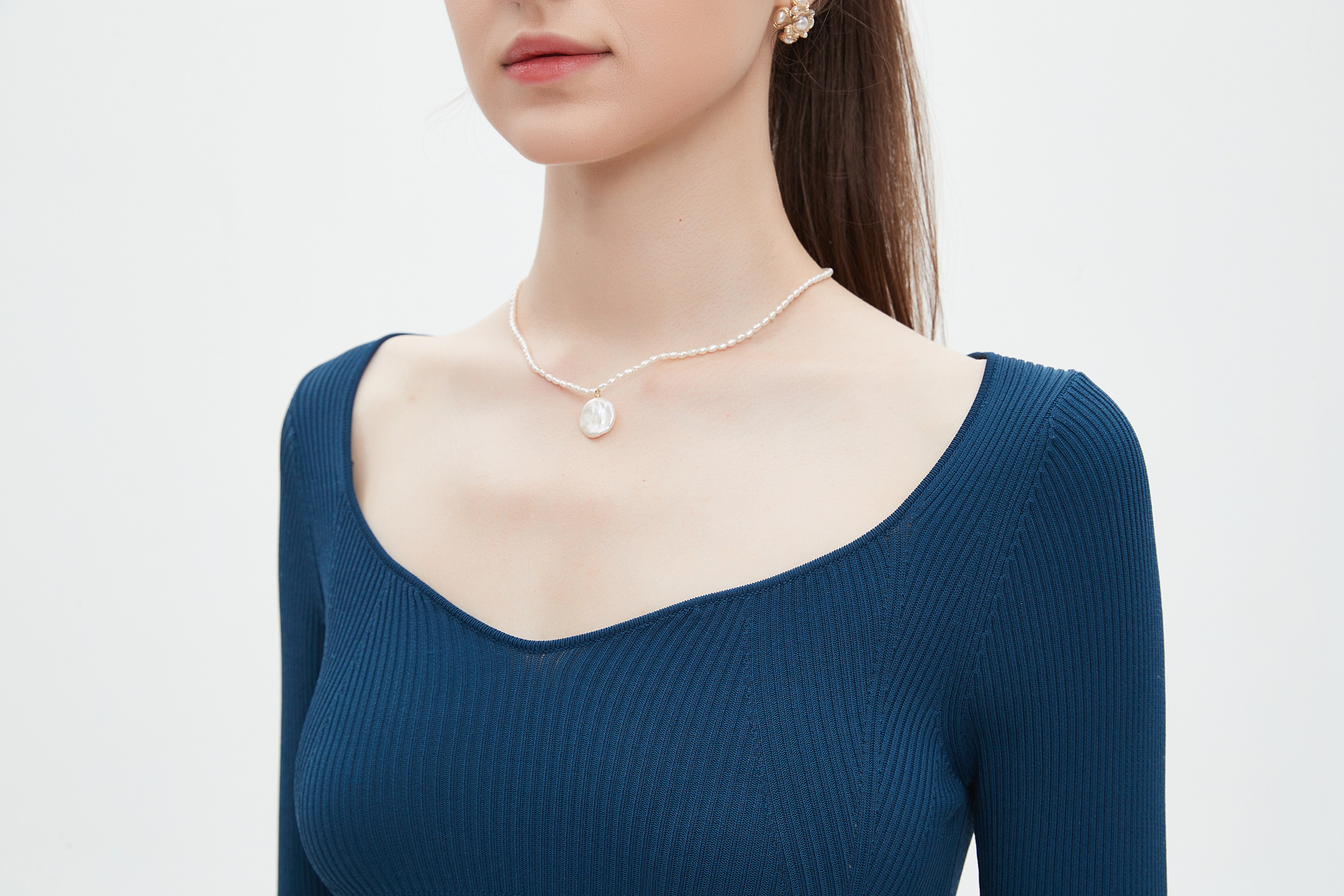 ميكا فستان ميدي ميدى سادة مضلع برقبة مفتوحه نسائى