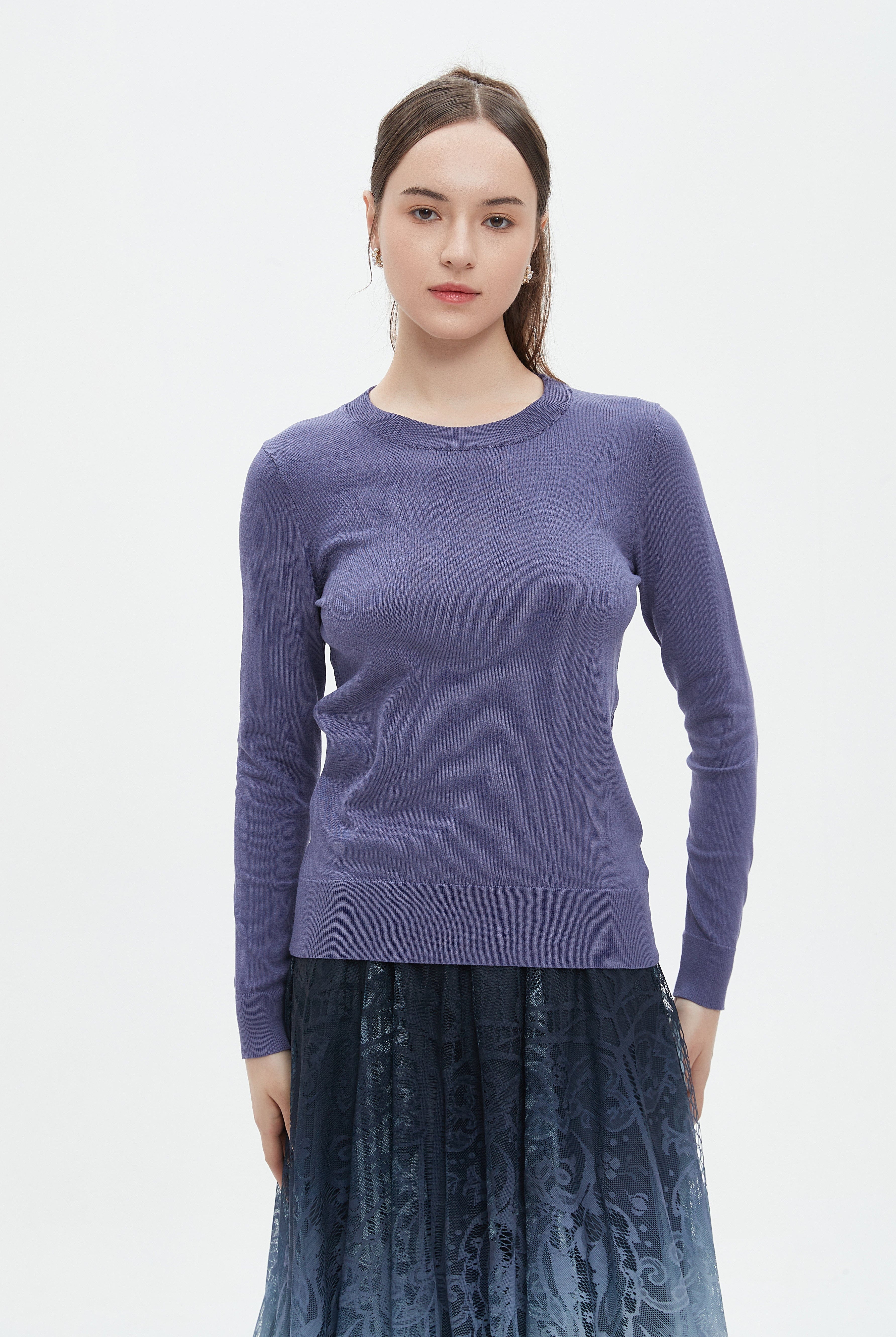 ميكا بلوزة نسائية طويلة برقبة دائرية سادة وكم طويل