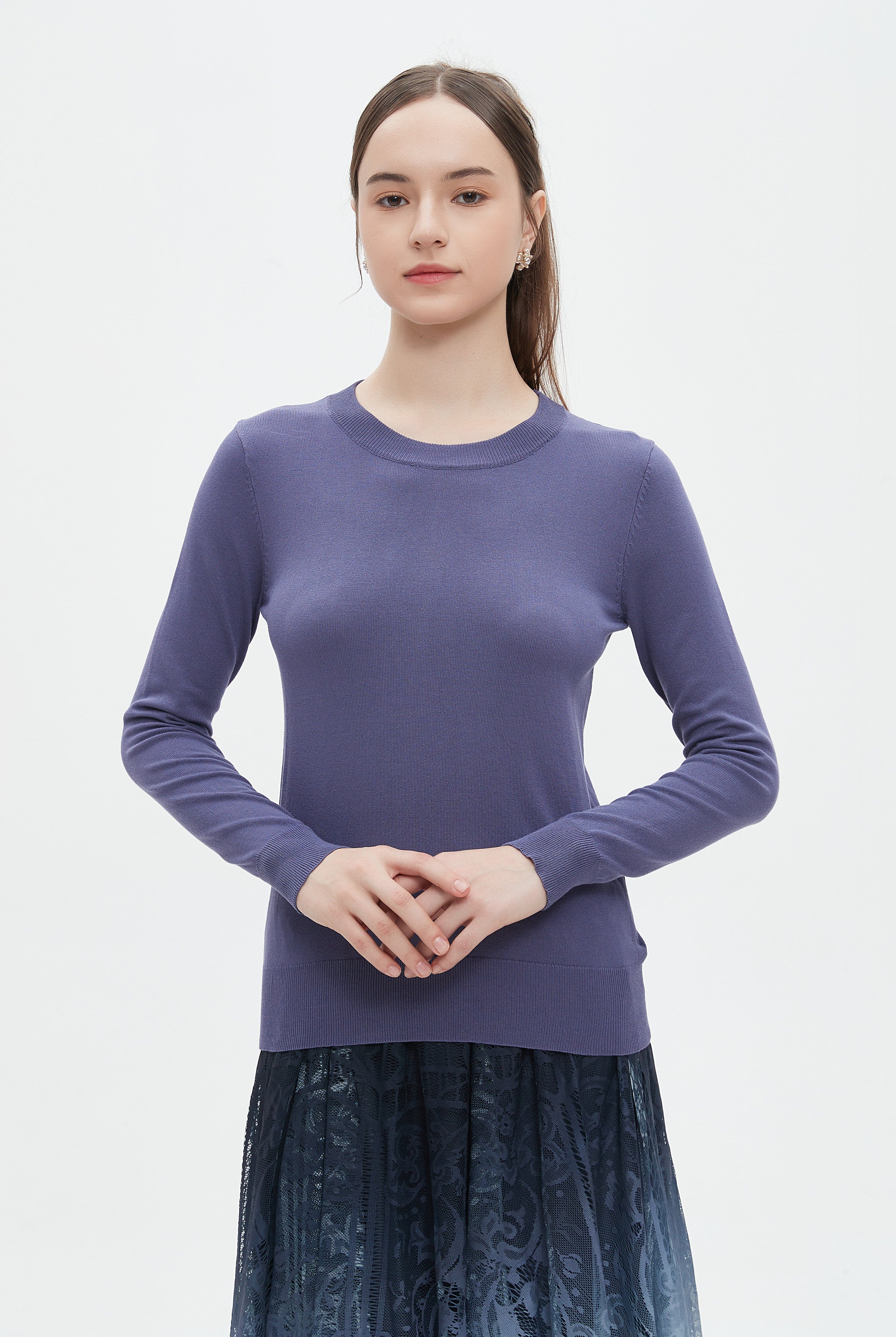 ميكا بلوزة نسائية طويلة برقبة دائرية سادة وكم طويل