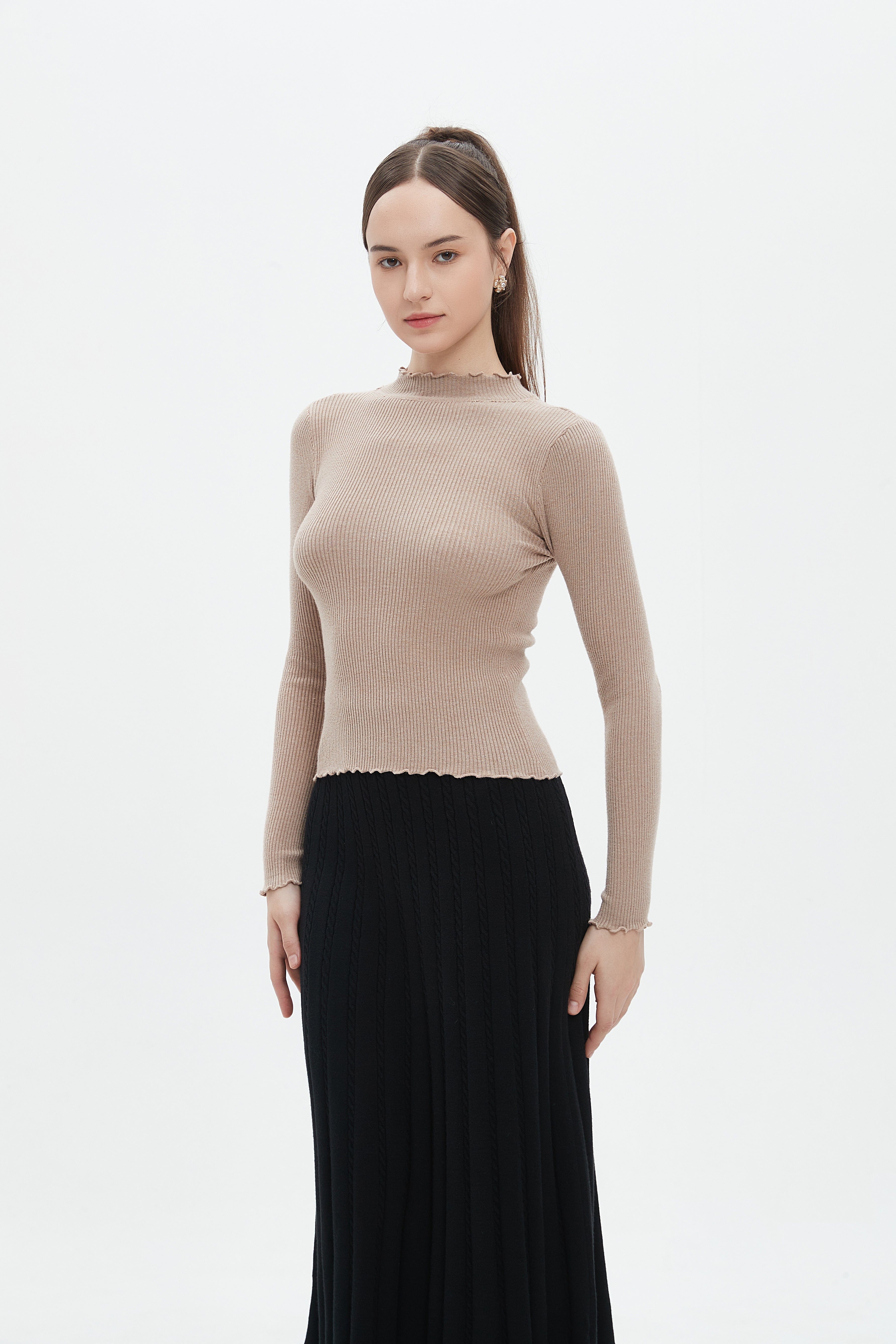 ميكا توب نسائي للشتاء بكم طويل ورقبة دائرية