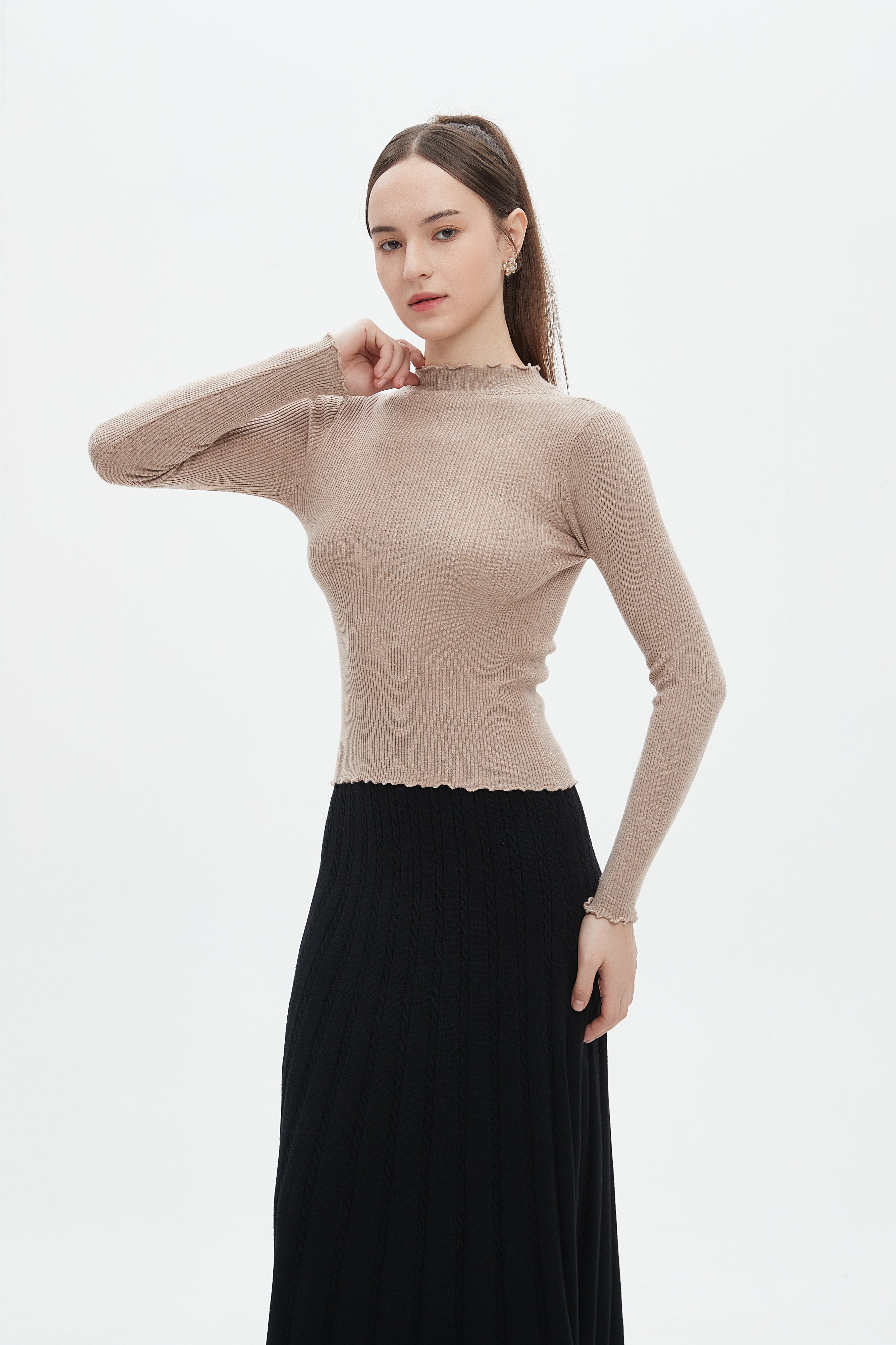 ميكا توب نسائي للشتاء بكم طويل ورقبة دائرية