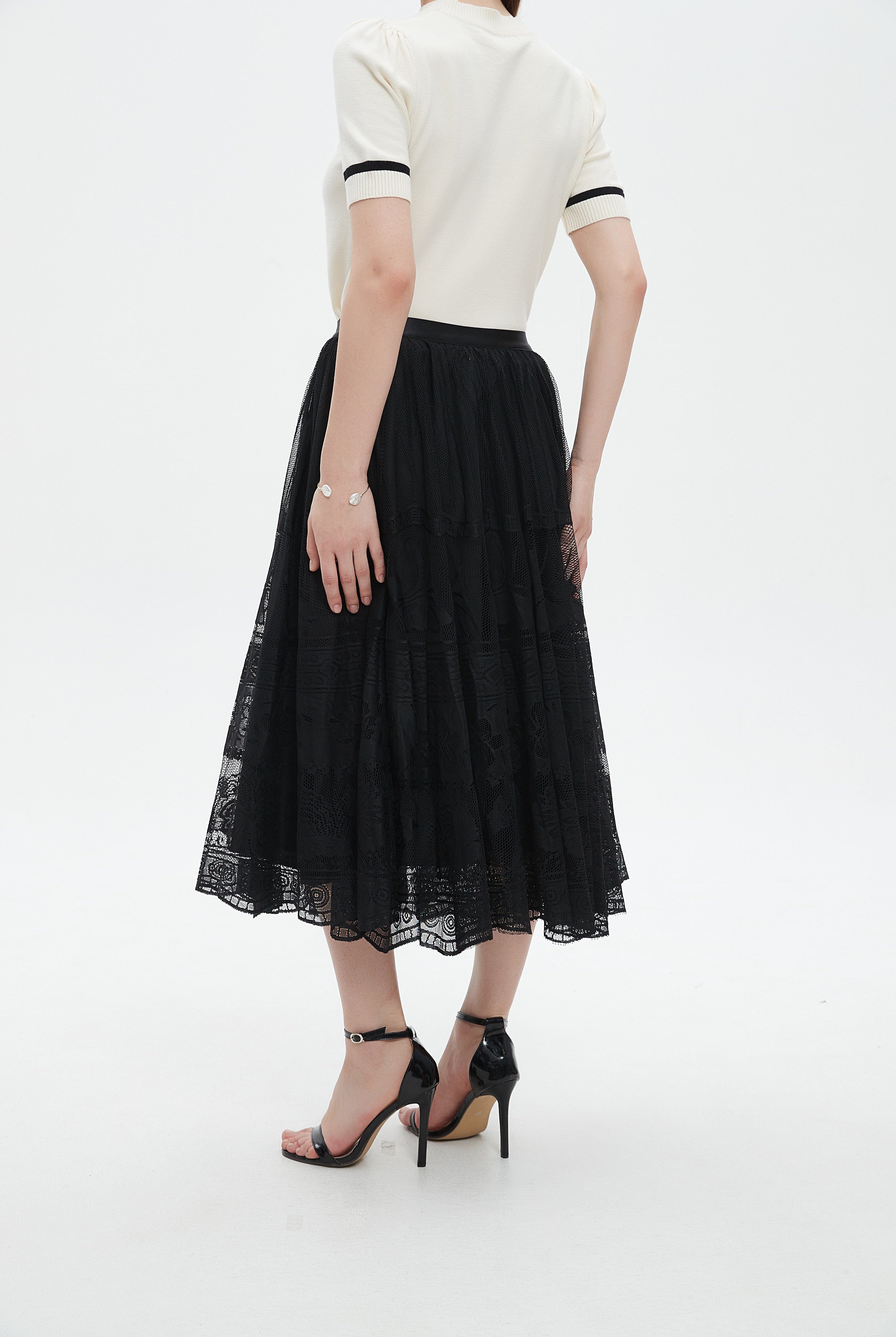 ميكا تنورة نسائية ميدي دانتيل مطرزة خيوط واسعة