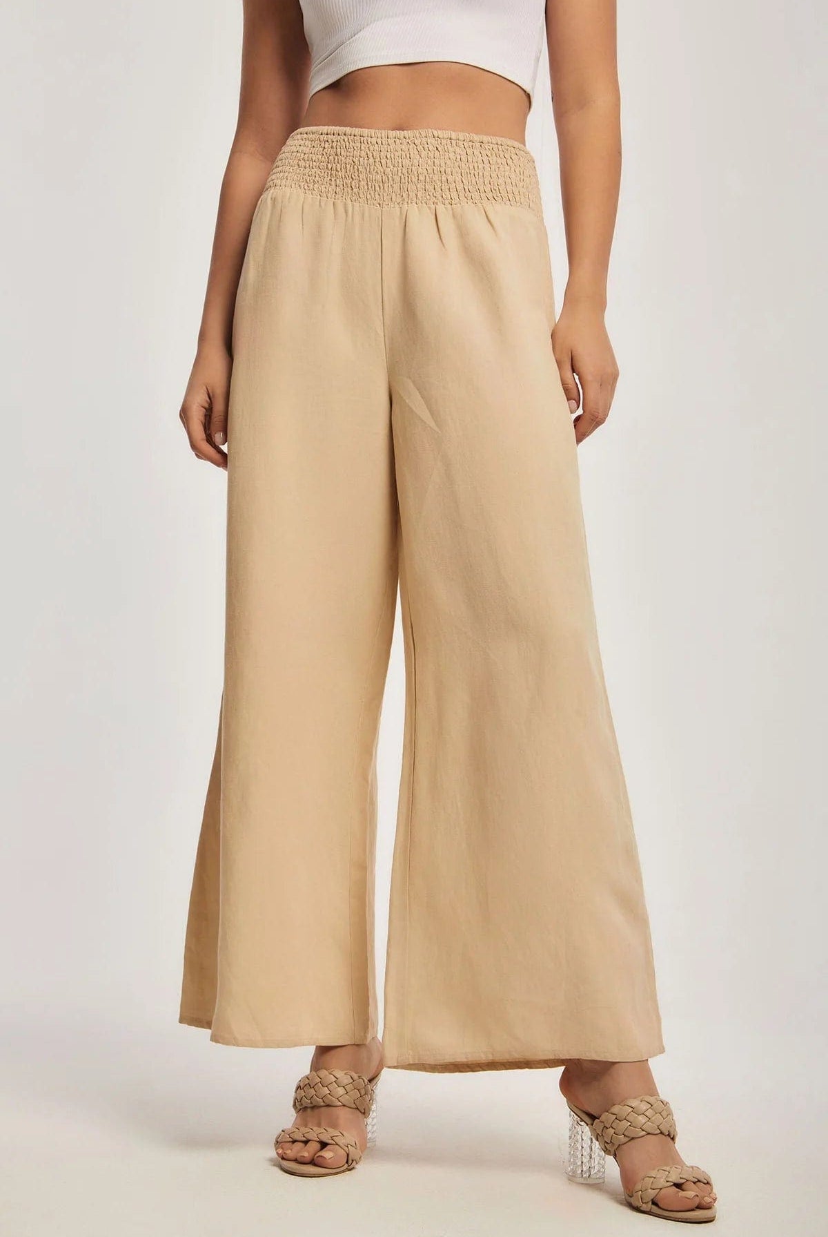 داليدرس بنطلون نسائي سادة واسع بخصر مطاط بيج