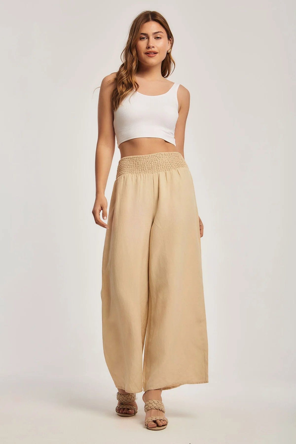 داليدرس بنطلون نسائي سادة واسع بخصر مطاط بيج