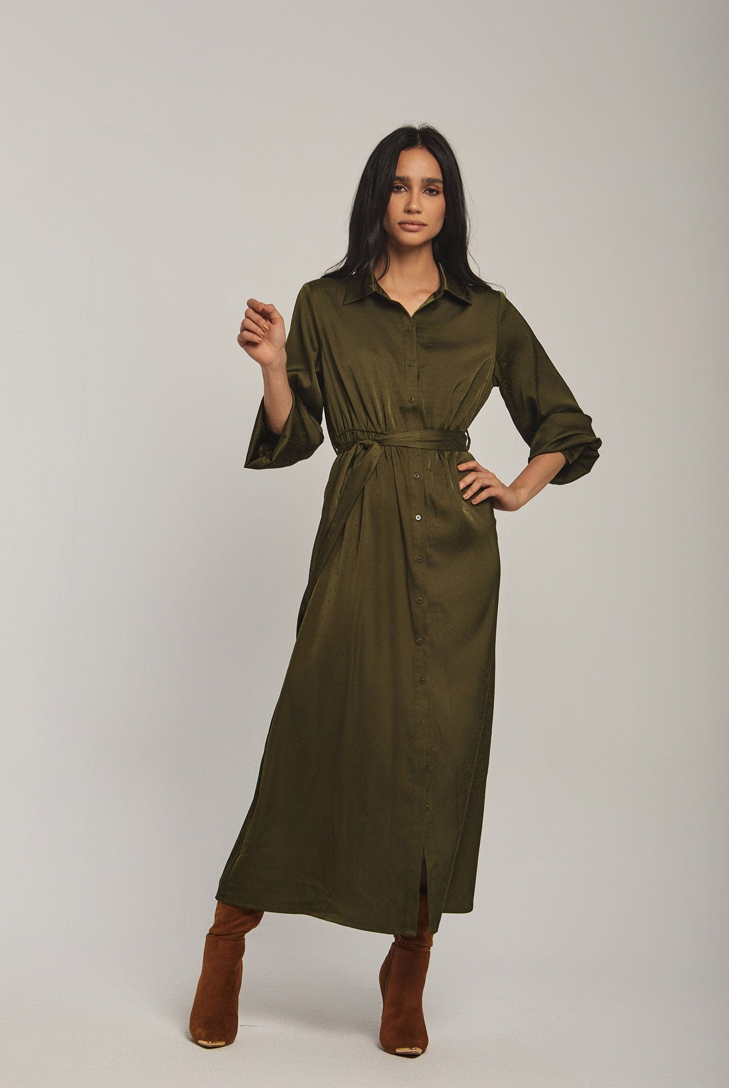 داليدرس فستان نسائي سادة بحزام عالخصر زيتوني