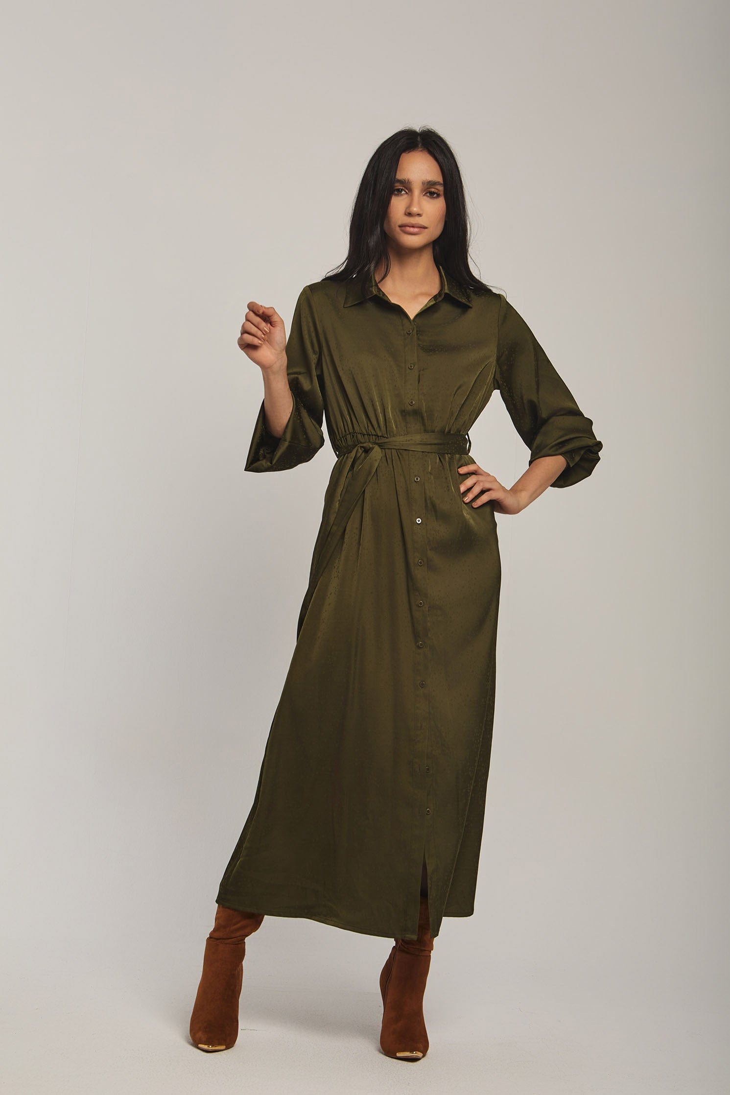 داليدرس فستان نسائي سادة بحزام عالخصر زيتوني