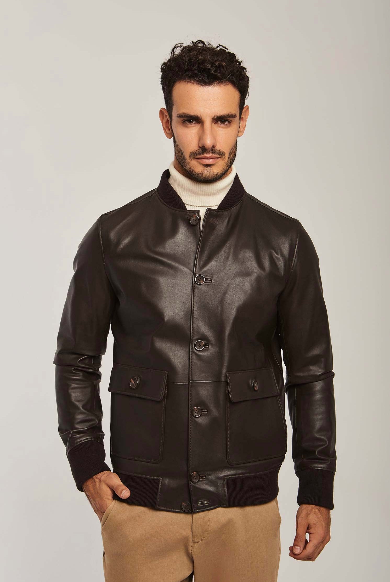 داليدرس جاكيت جلد رجالي ازرار وجيوب فوج