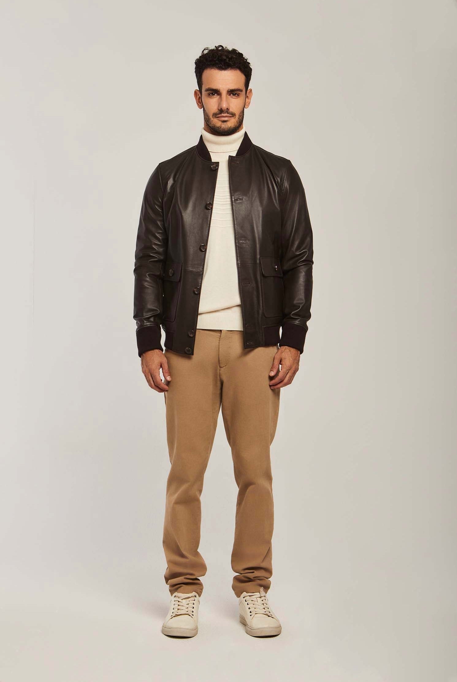 داليدرس جاكيت جلد رجالي ازرار وجيوب فوج