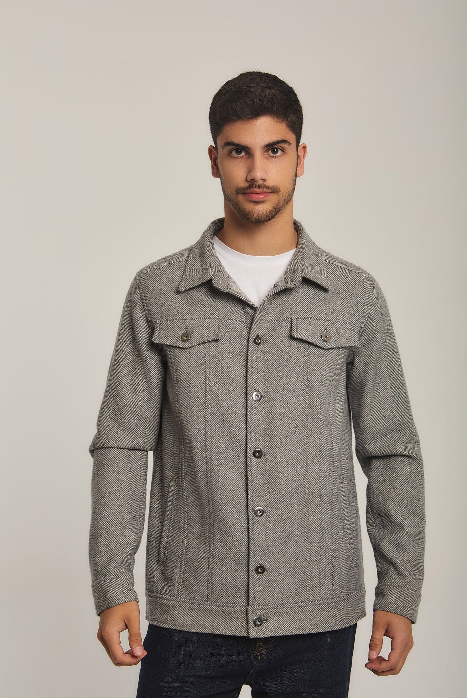 داليدرس جاكت رجالي سادة بازرار وجيوب مزيج رمادي