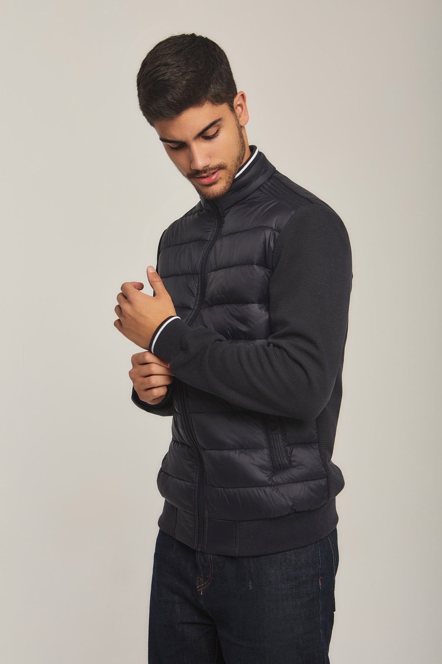 داليدرس جاكيت بامب رجالي بسوسته واكمام قماش أزرق داكن