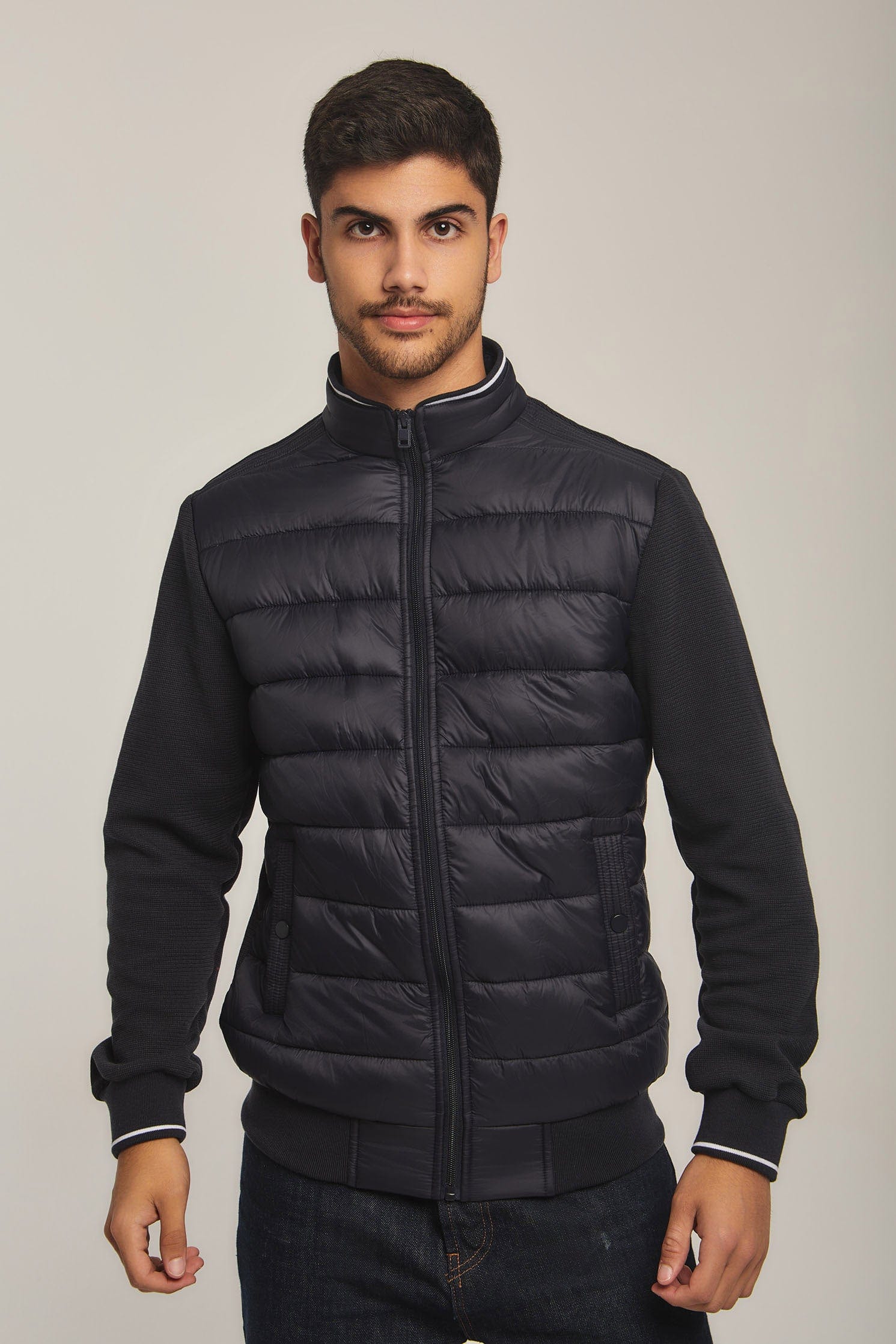 داليدرس جاكيت بامب رجالي بسوسته واكمام قماش أزرق داكن