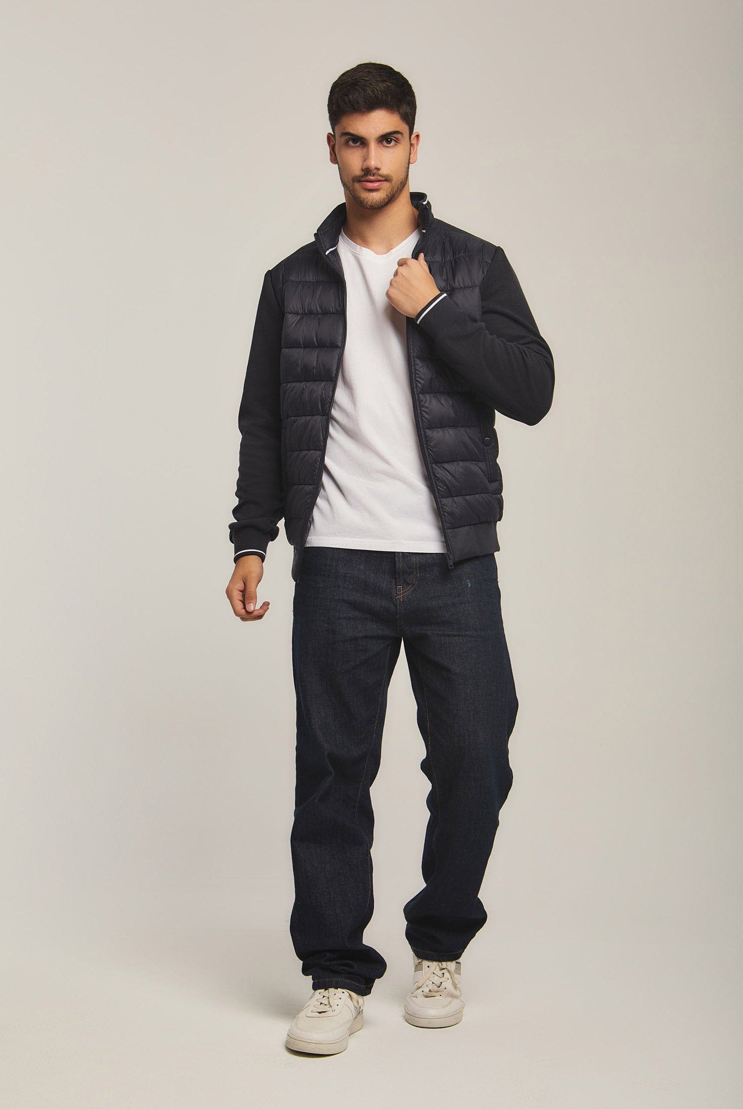 داليدرس جاكيت بامب رجالي بسوسته واكمام قماش أزرق داكن