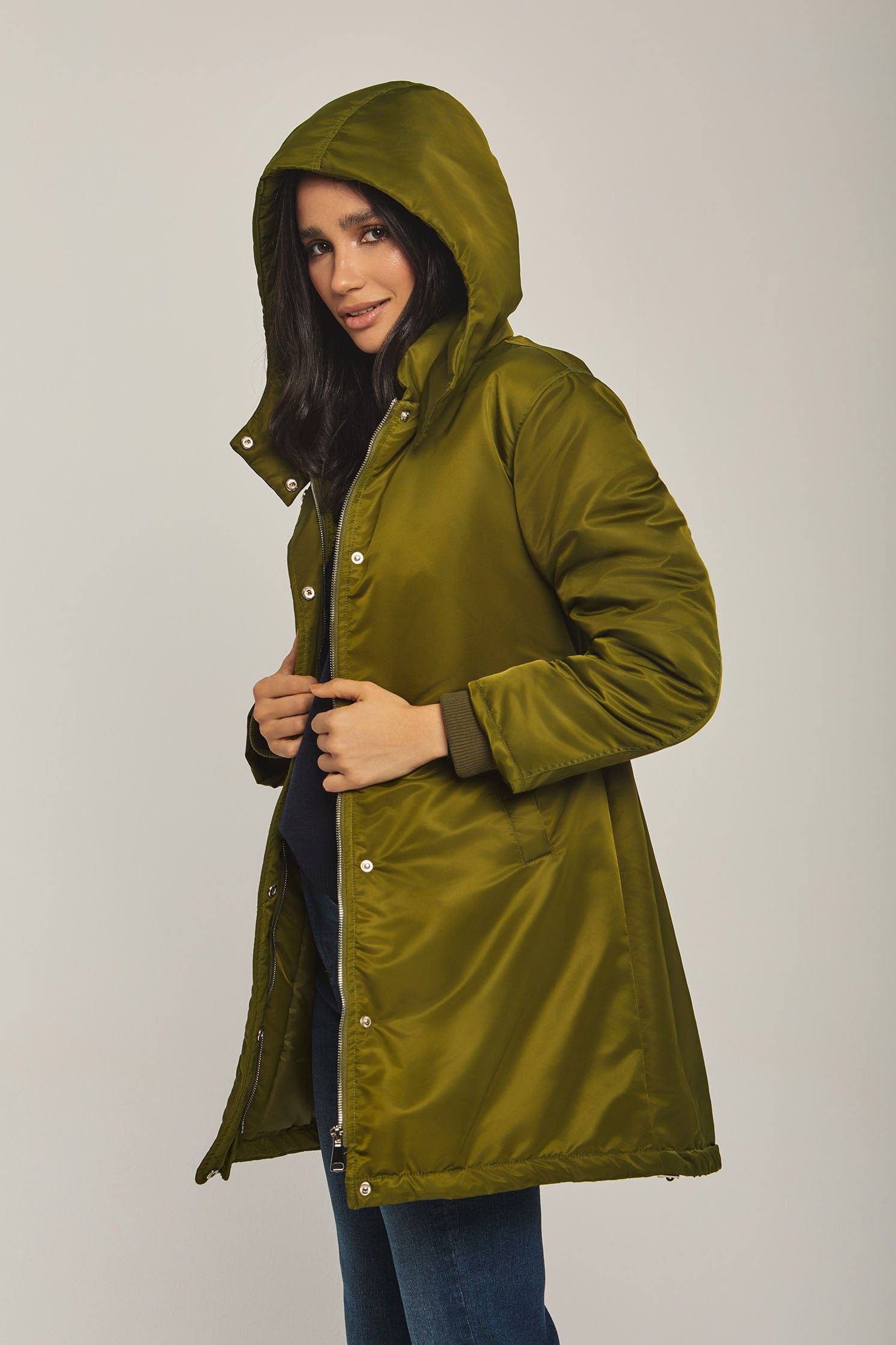 داليدرس جاكيت نسائي طويل بمب كم طويل أخضر