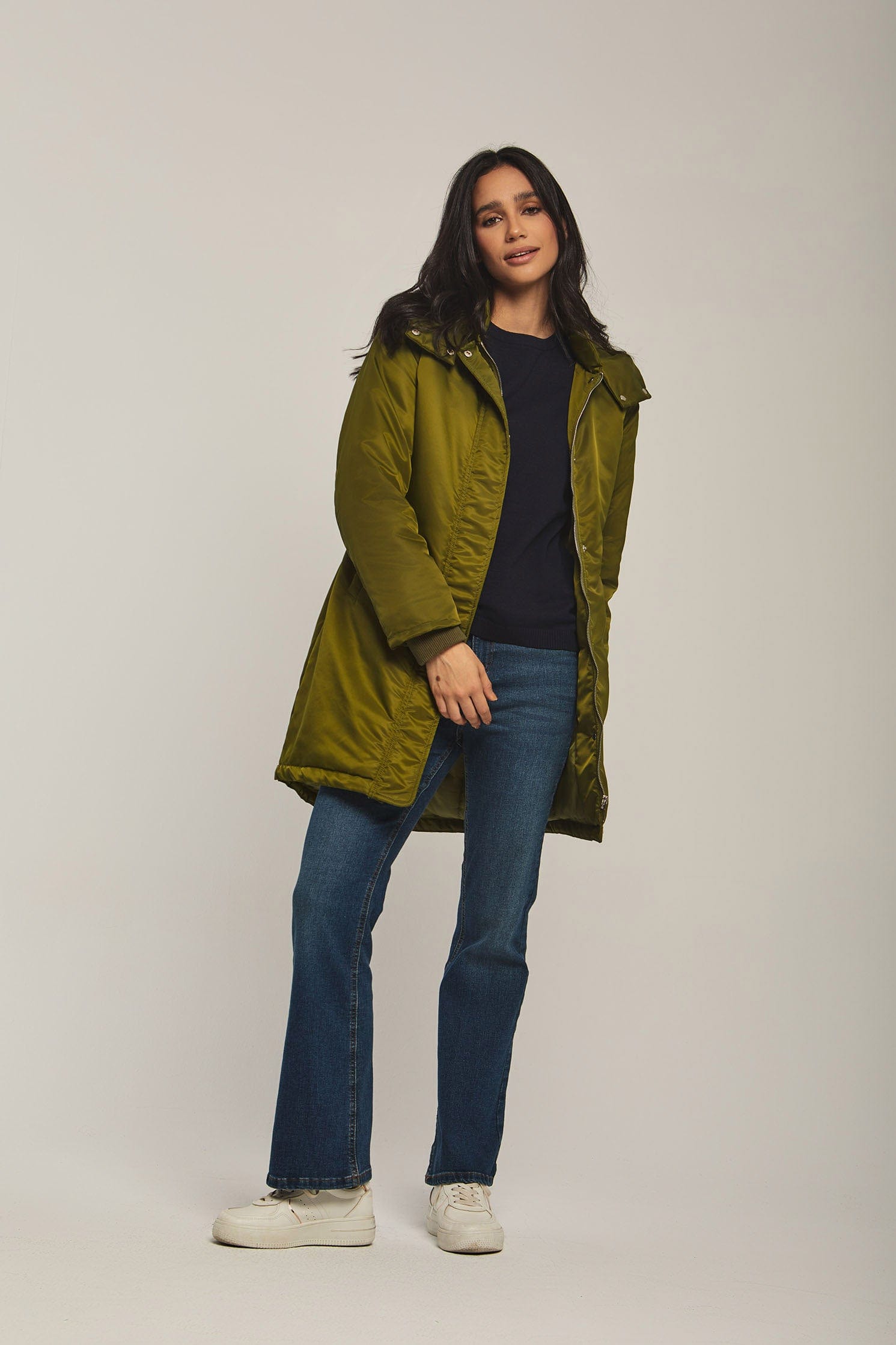 داليدرس جاكيت نسائي طويل بمب كم طويل أخضر