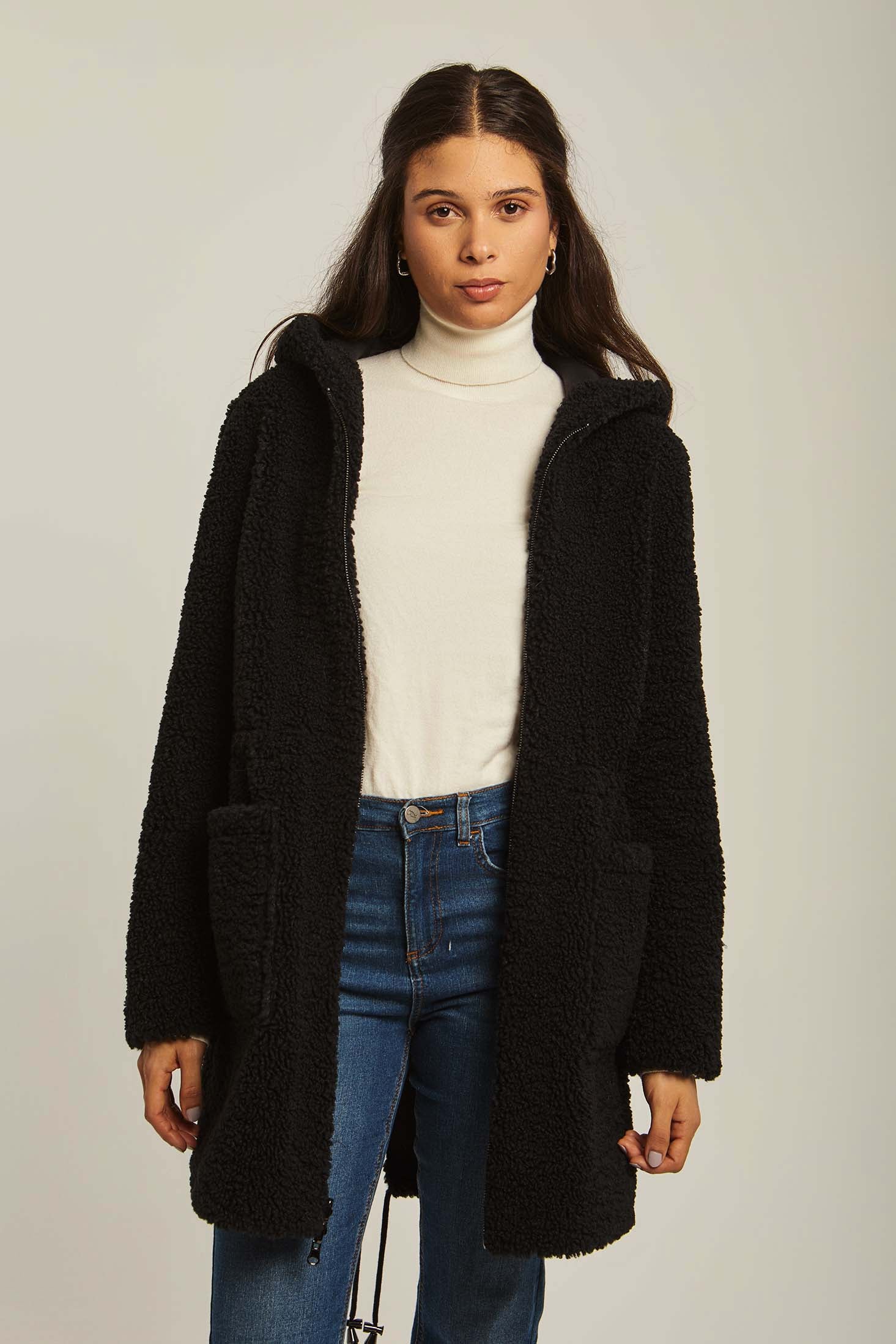 داليدرس جاكيت جلد طويل مزين بالفرو كم طويل نسائي أسود