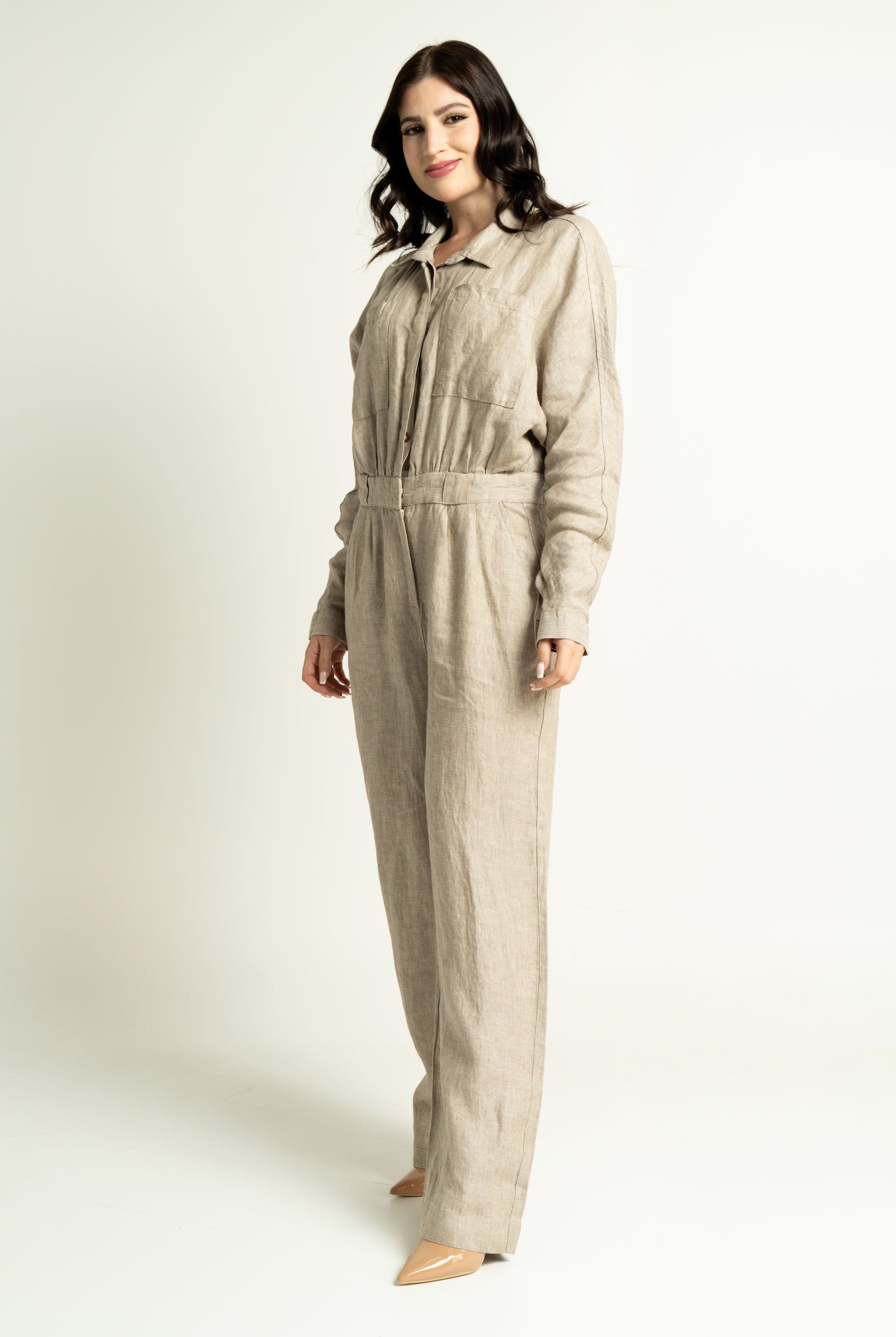 داليدرس جمبسوت نسائي طويل بأكمام طويلة بيج