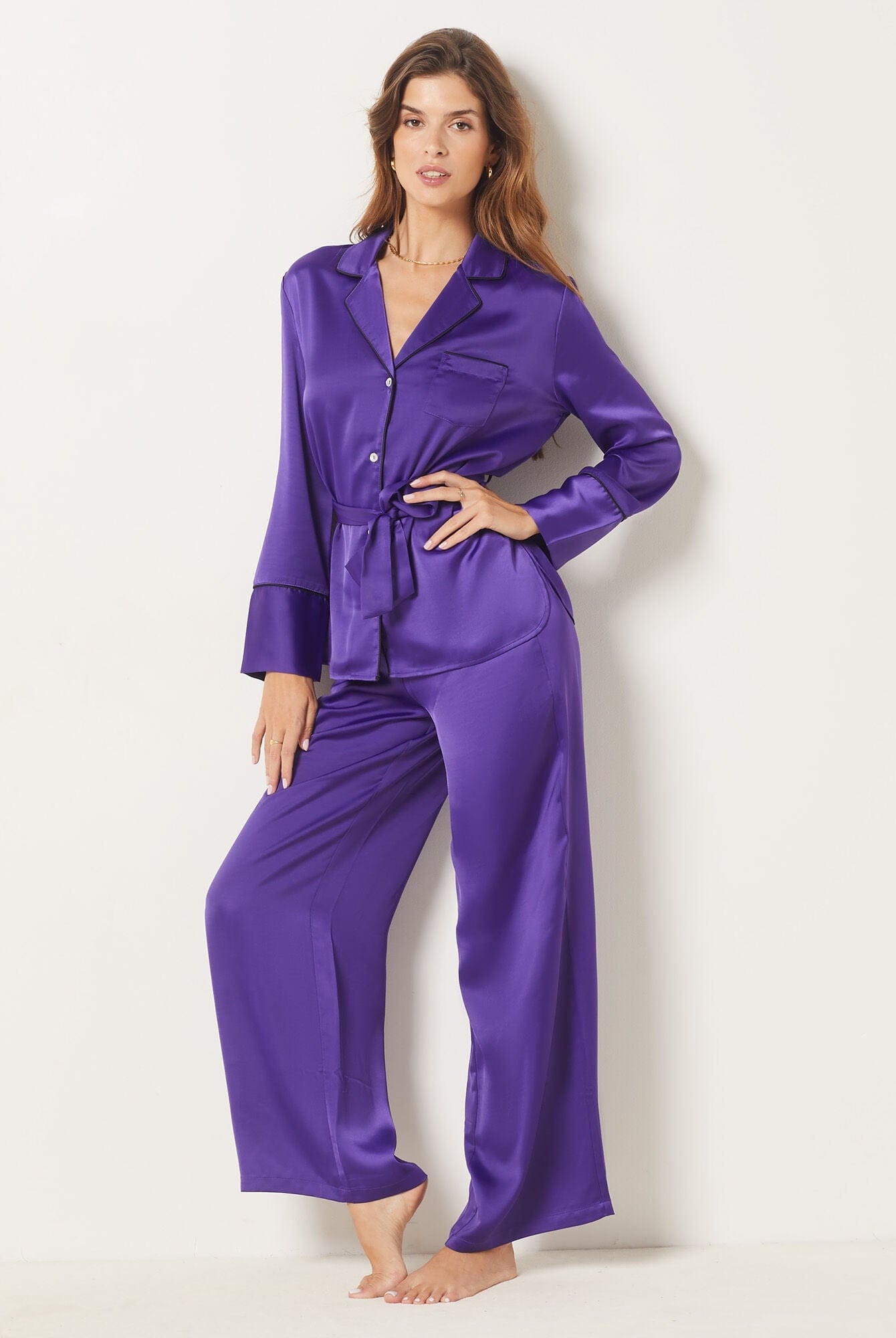 اتام بنطلون ستان واسع سادة نسائي أرجواني