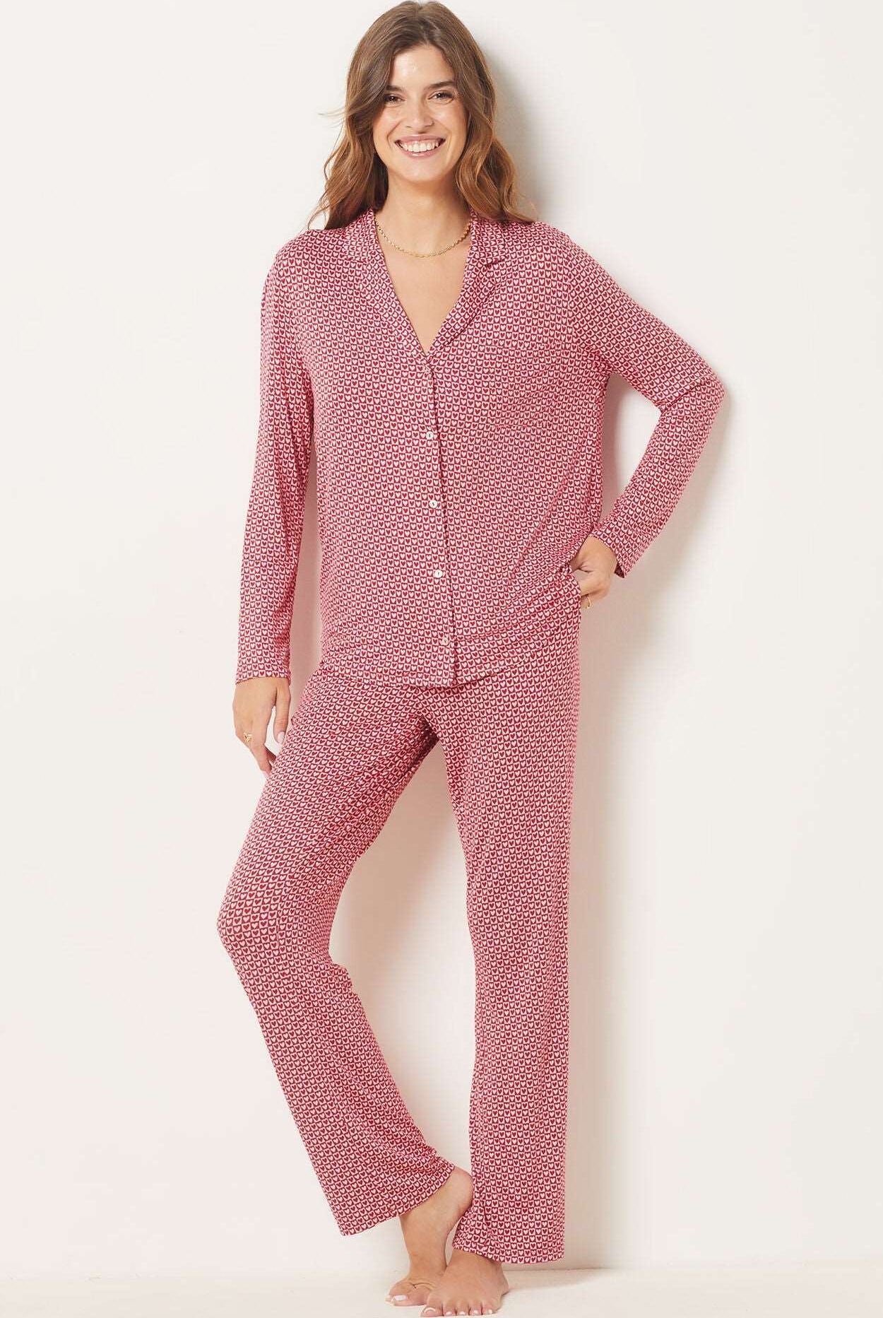 اتام بلوزة منقطة كم طويل نسائي أحمر