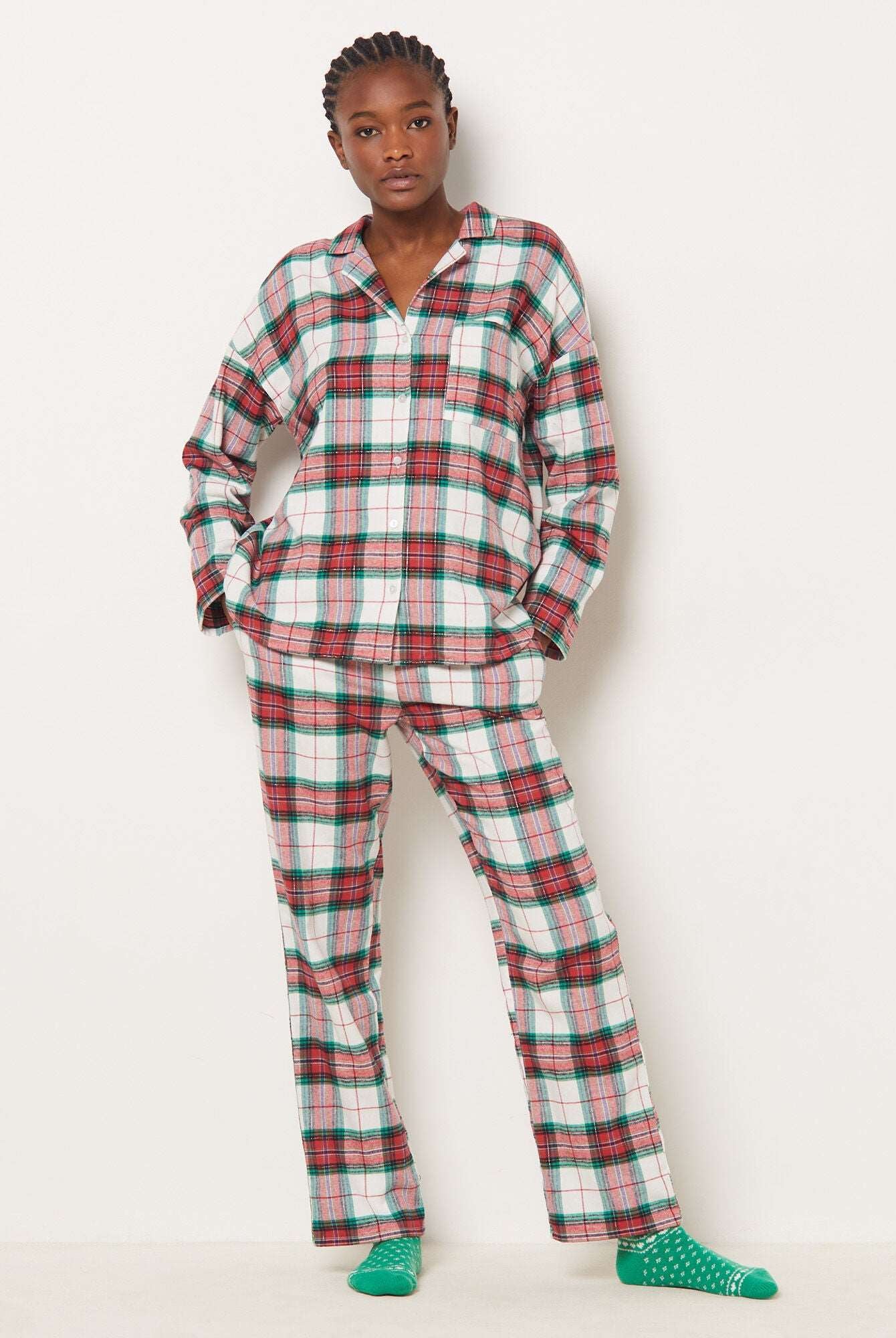 اتام بيجامة كاروهات نسائية طويلة كم طويل 2 قطعة بيج فاتح