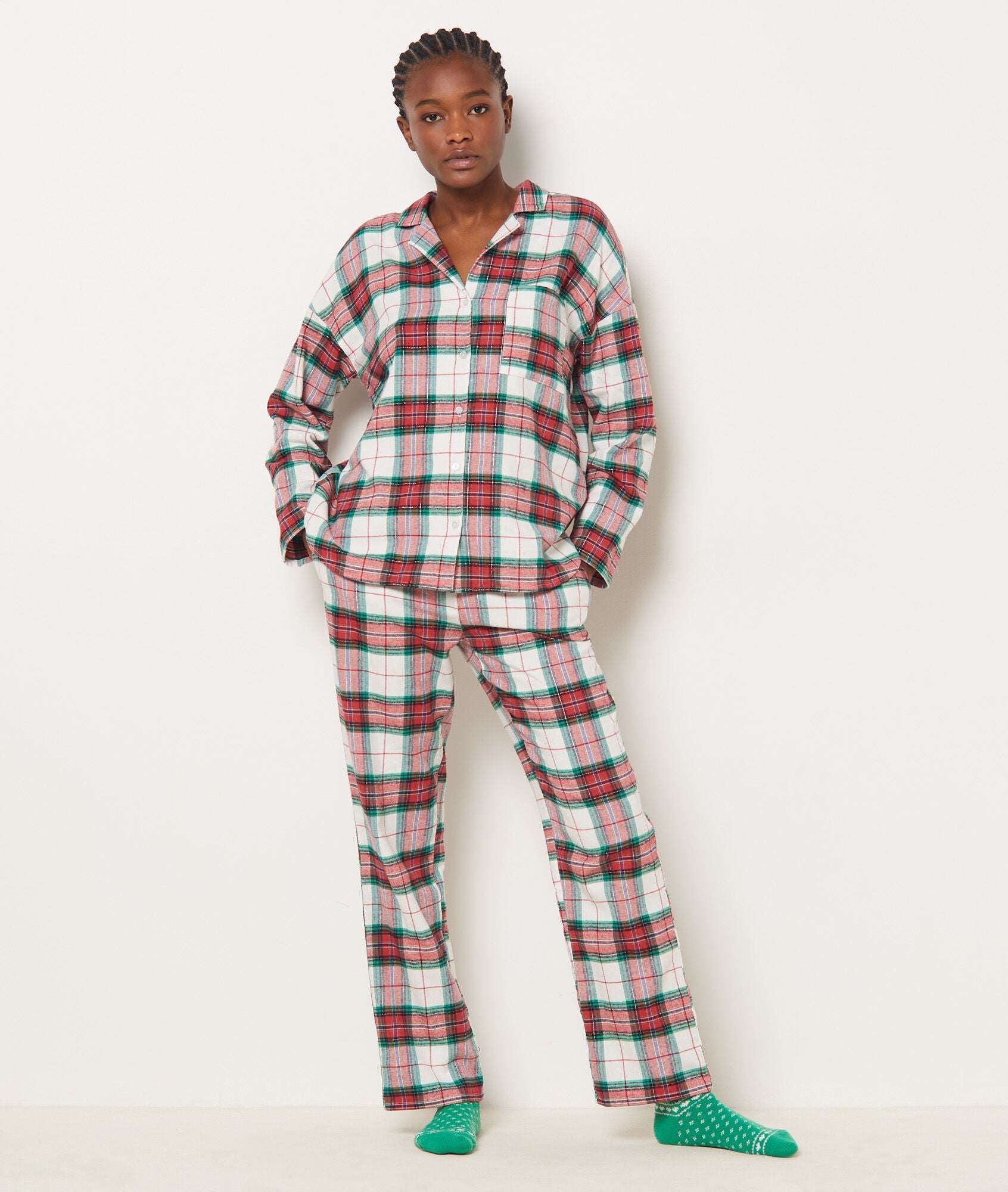 اتام بيجامة كاروهات نسائية طويلة كم طويل 2 قطعة بيج فاتح