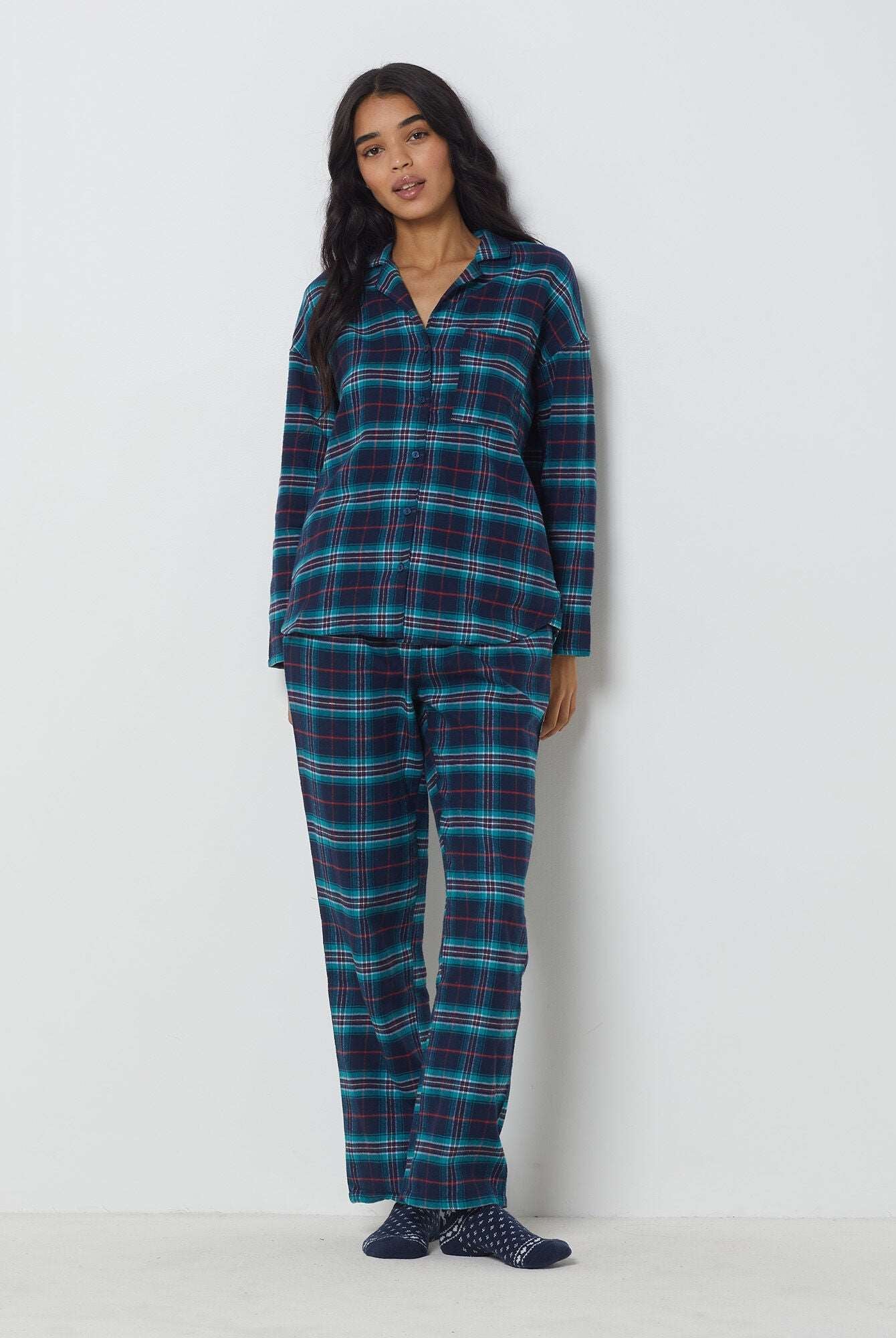 اتام بيجامة مربعات بأزرار أمامية كم طويل 2 قطعة أزرق داكن