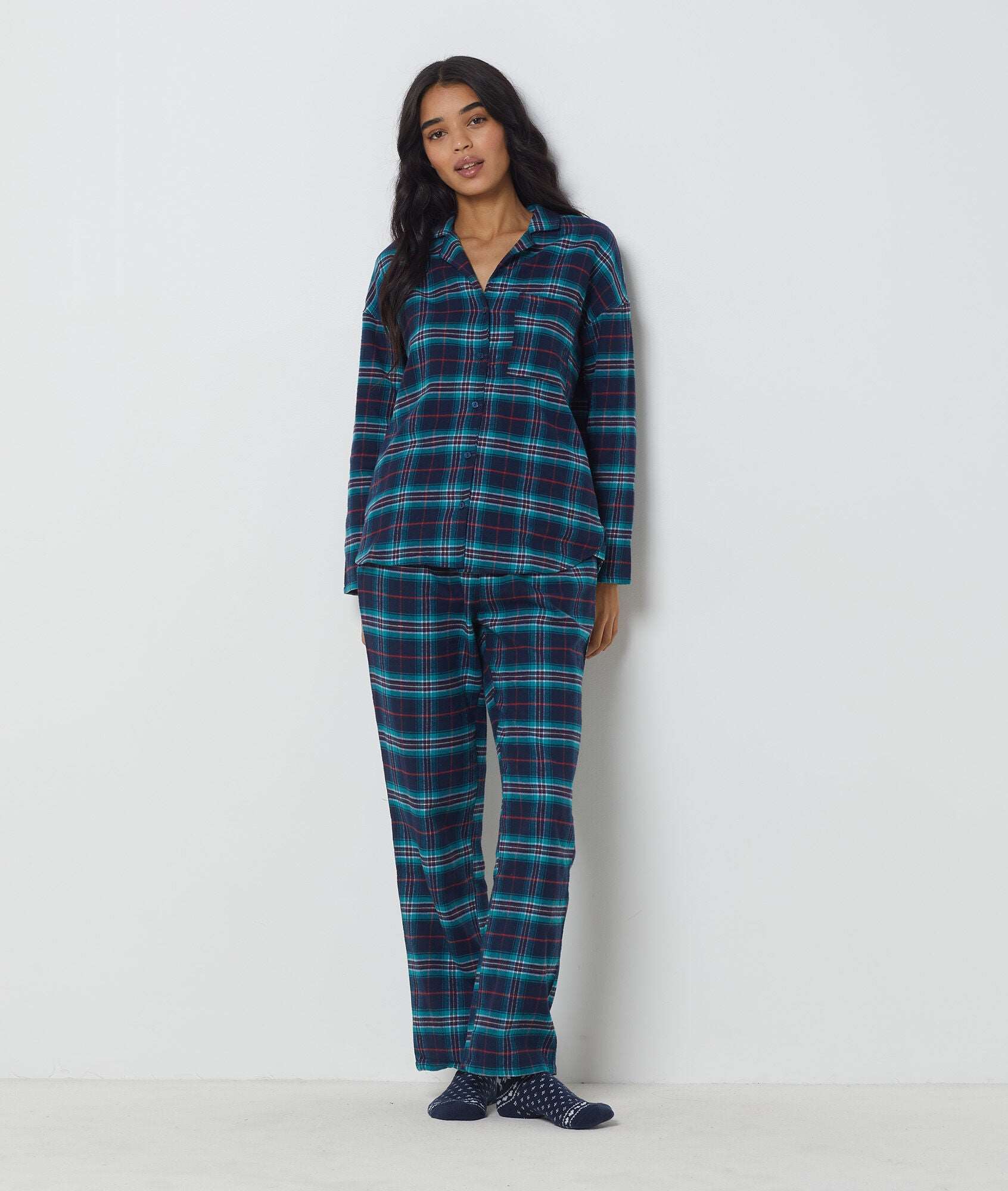 اتام بيجامة مربعات بأزرار أمامية كم طويل 2 قطعة أزرق داكن