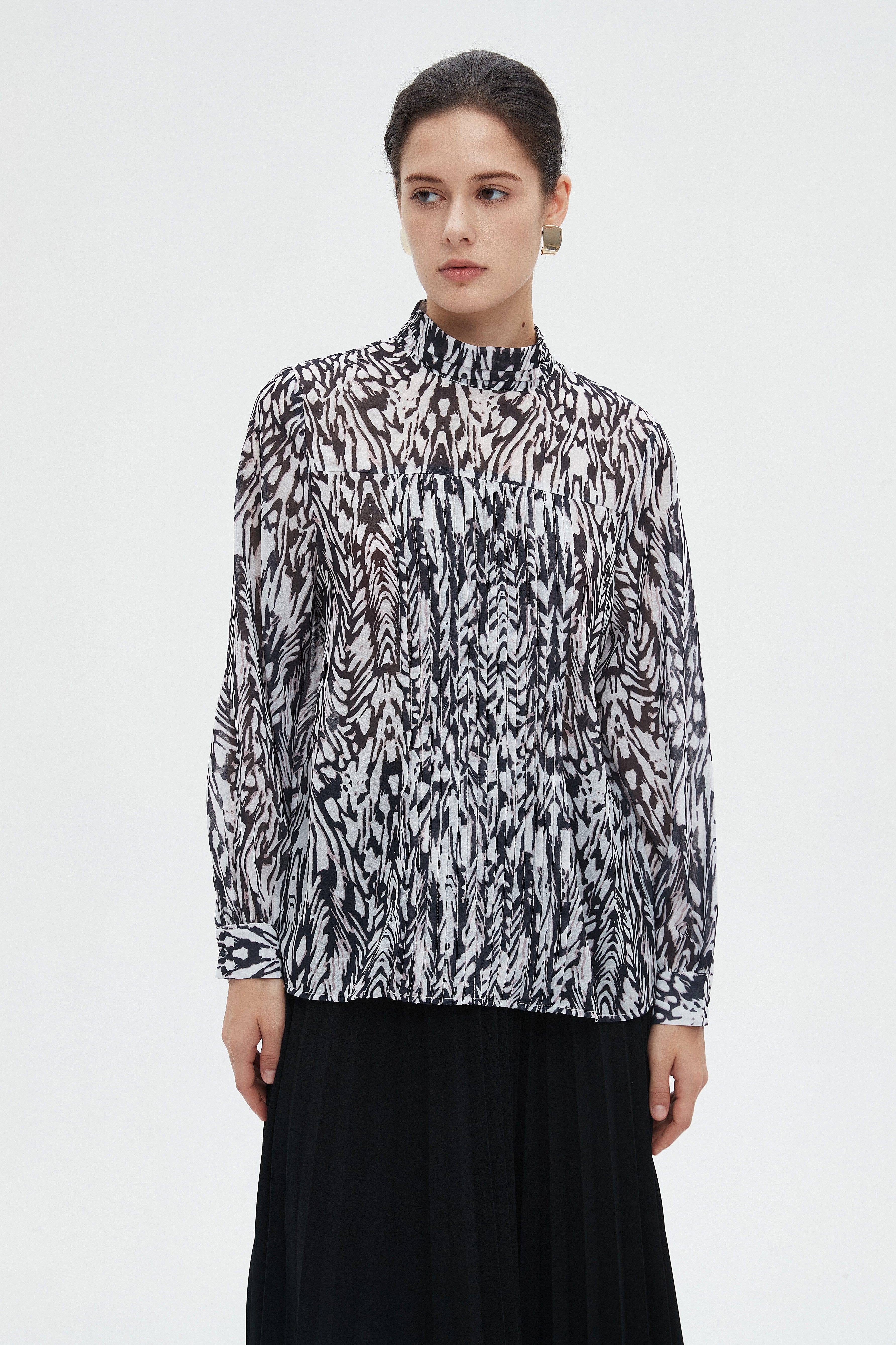 ميكا بلوزة نسائية مشجرة بأكمام طويلة وياقة عالية