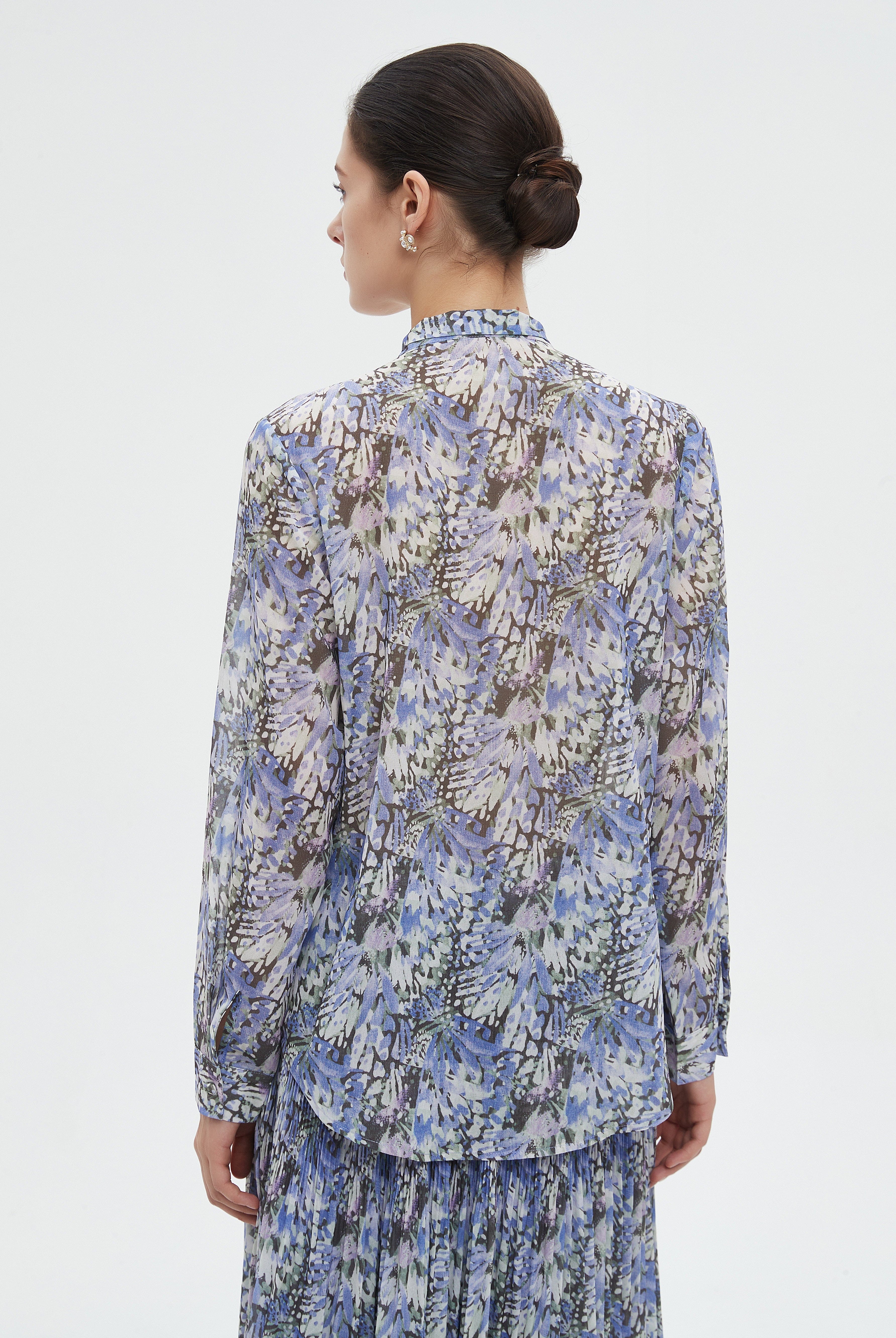 ميكا بلوزة نسائية مشجرة بكم طويل ورابطة عنق فيونكه