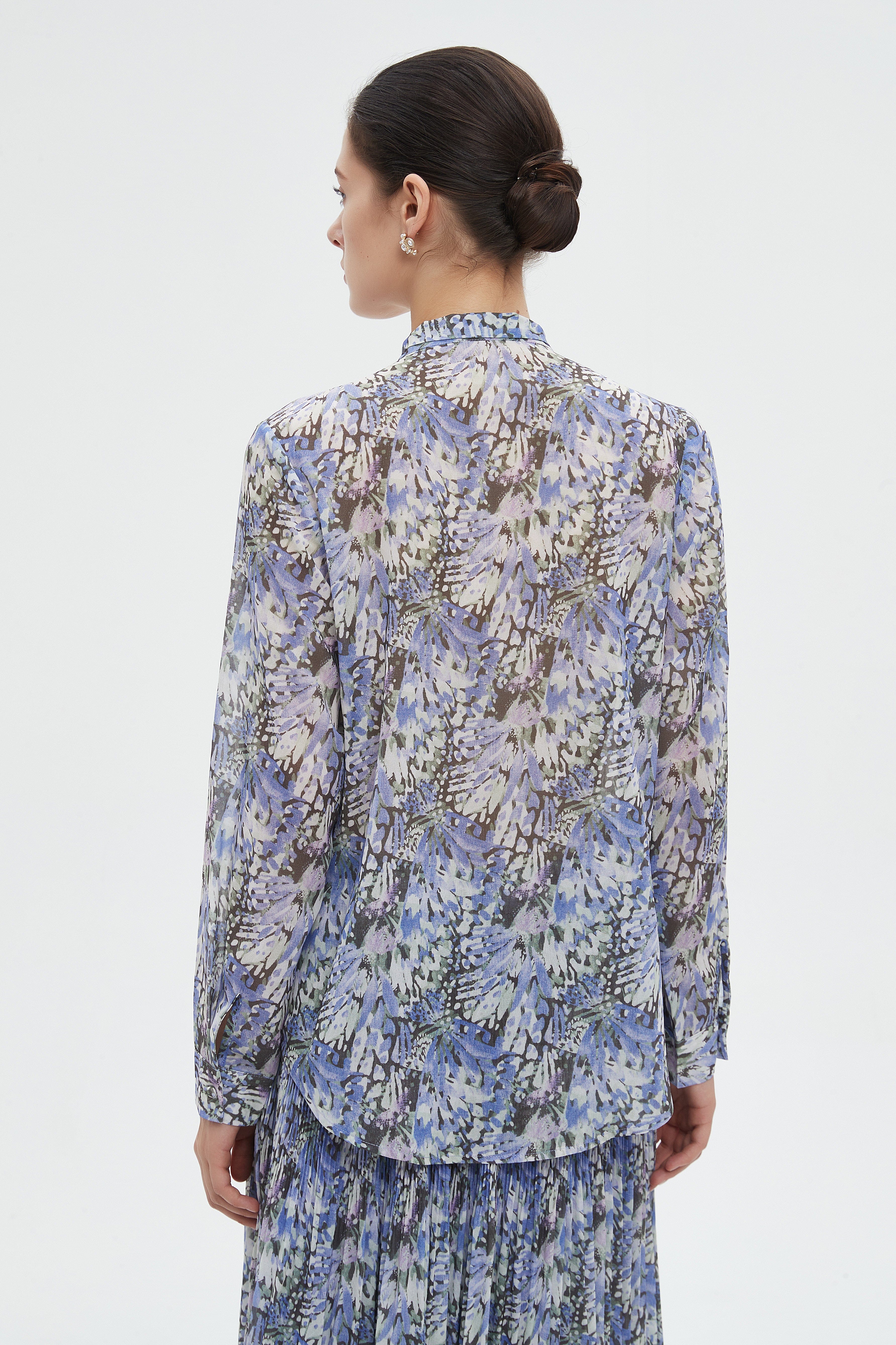 ميكا بلوزة نسائية مشجرة بكم طويل ورابطة عنق فيونكه