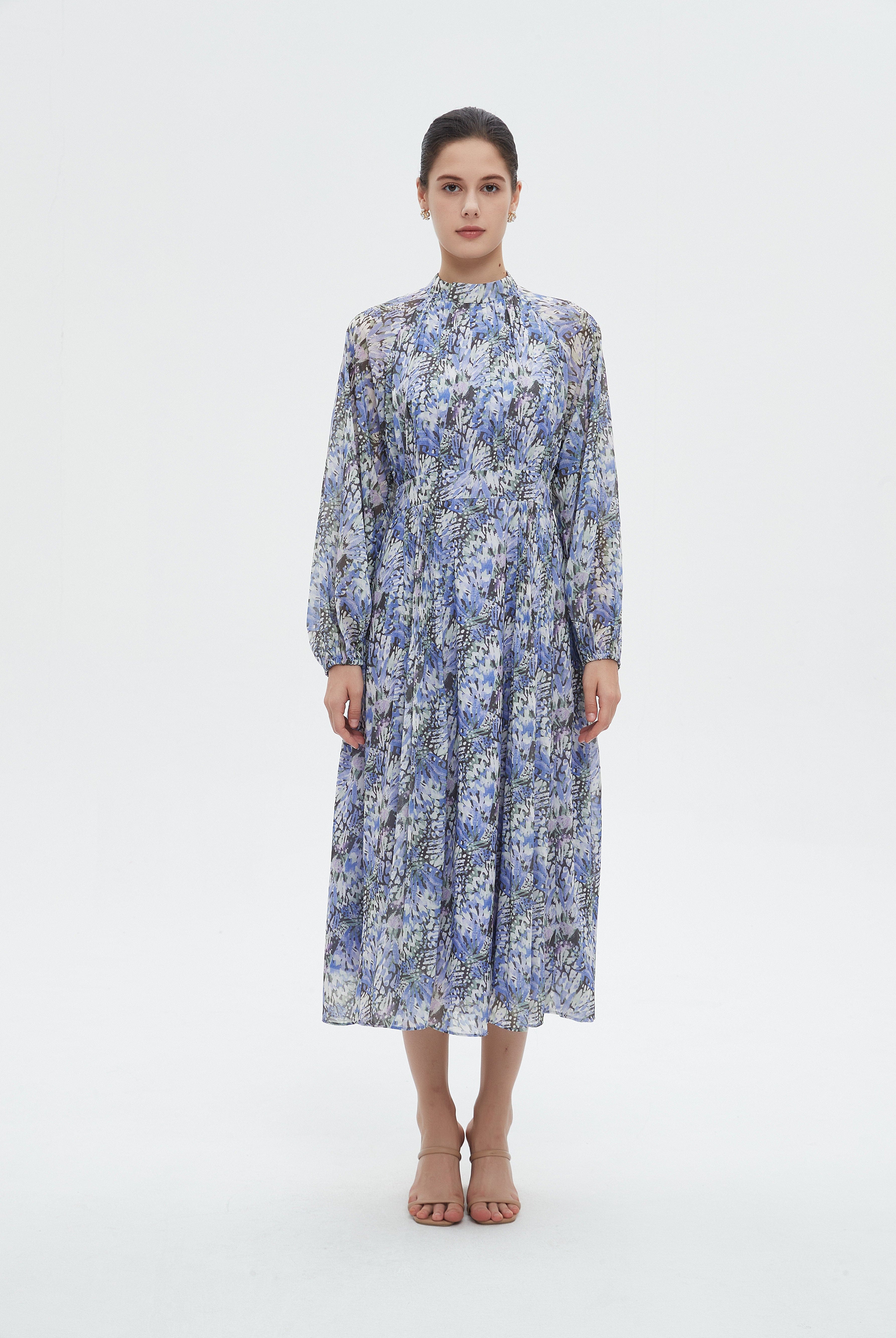 ميكا فستان نسائي ميدي مشجر بأكمام طويلة