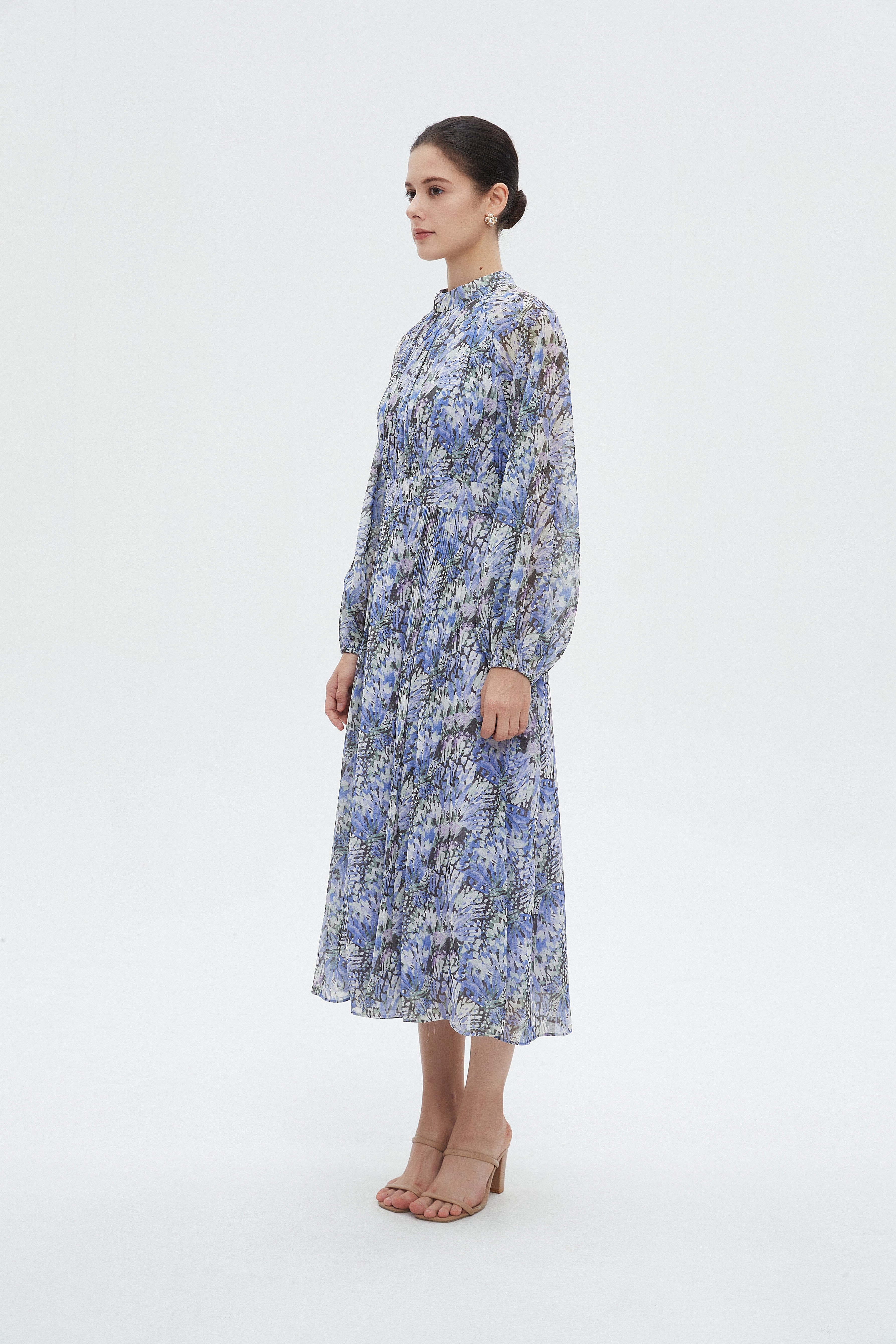 ميكا فستان نسائي ميدي مشجر بأكمام طويلة