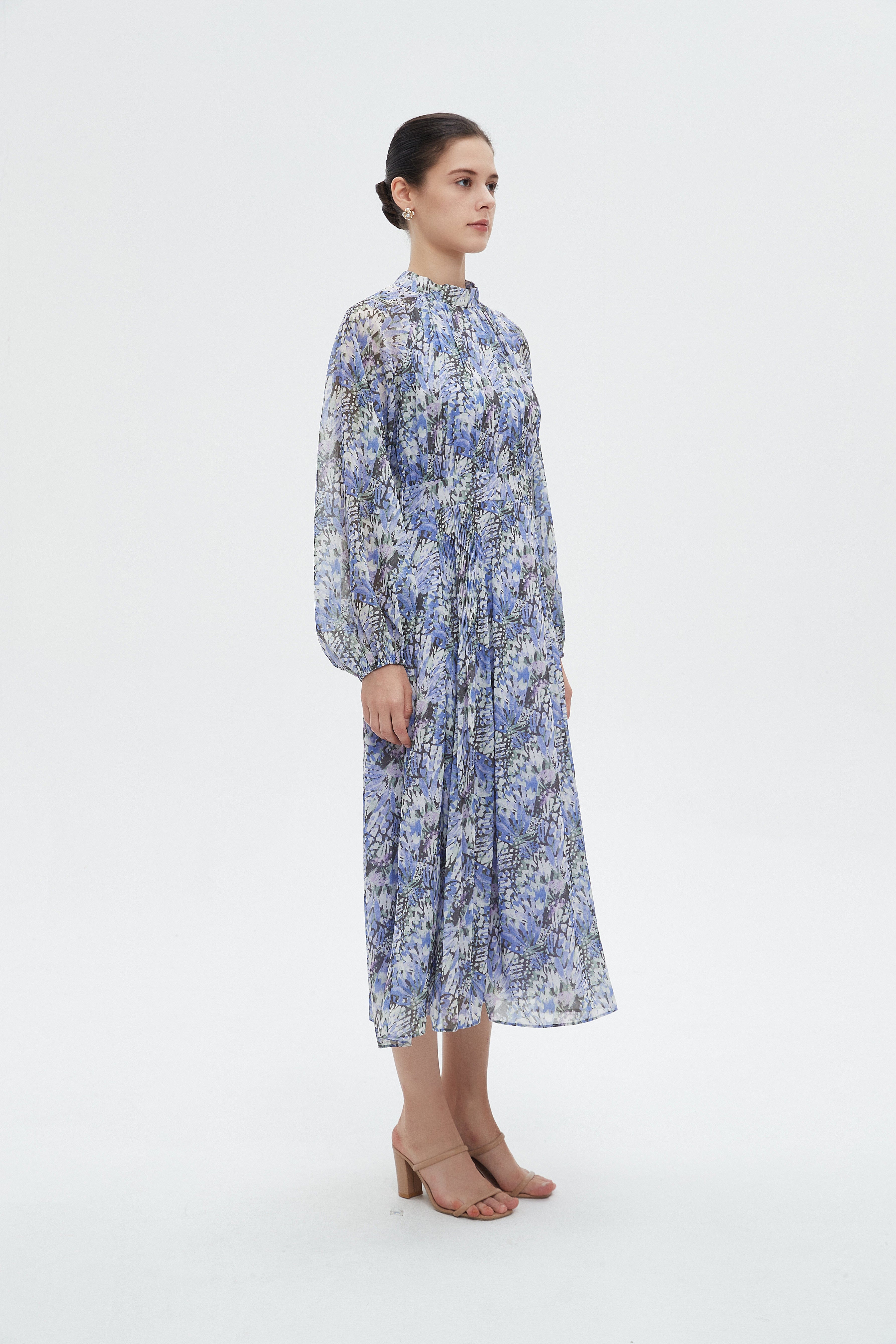 ميكا فستان نسائي ميدي مشجر بأكمام طويلة