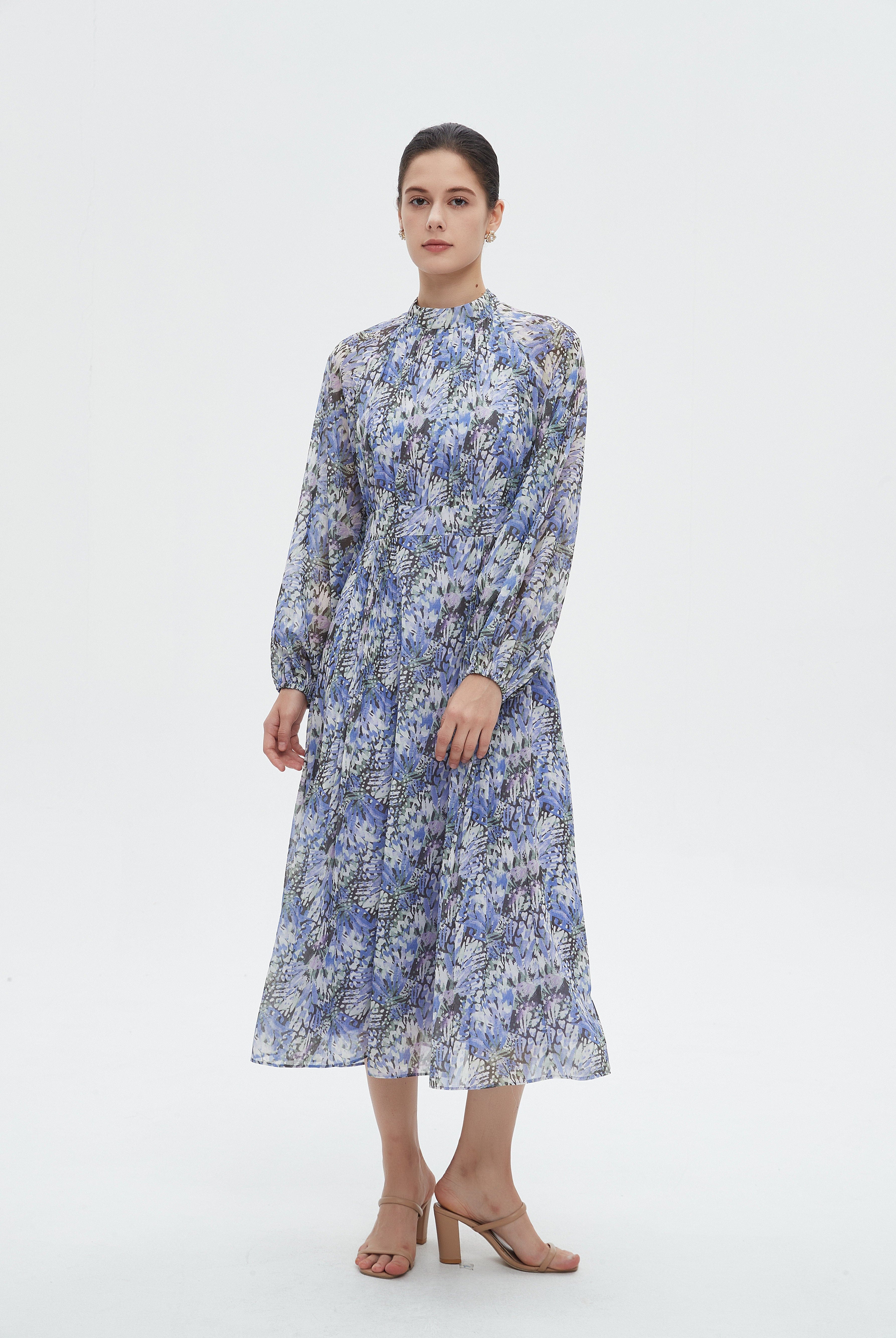 ميكا فستان نسائي ميدي مشجر بأكمام طويلة