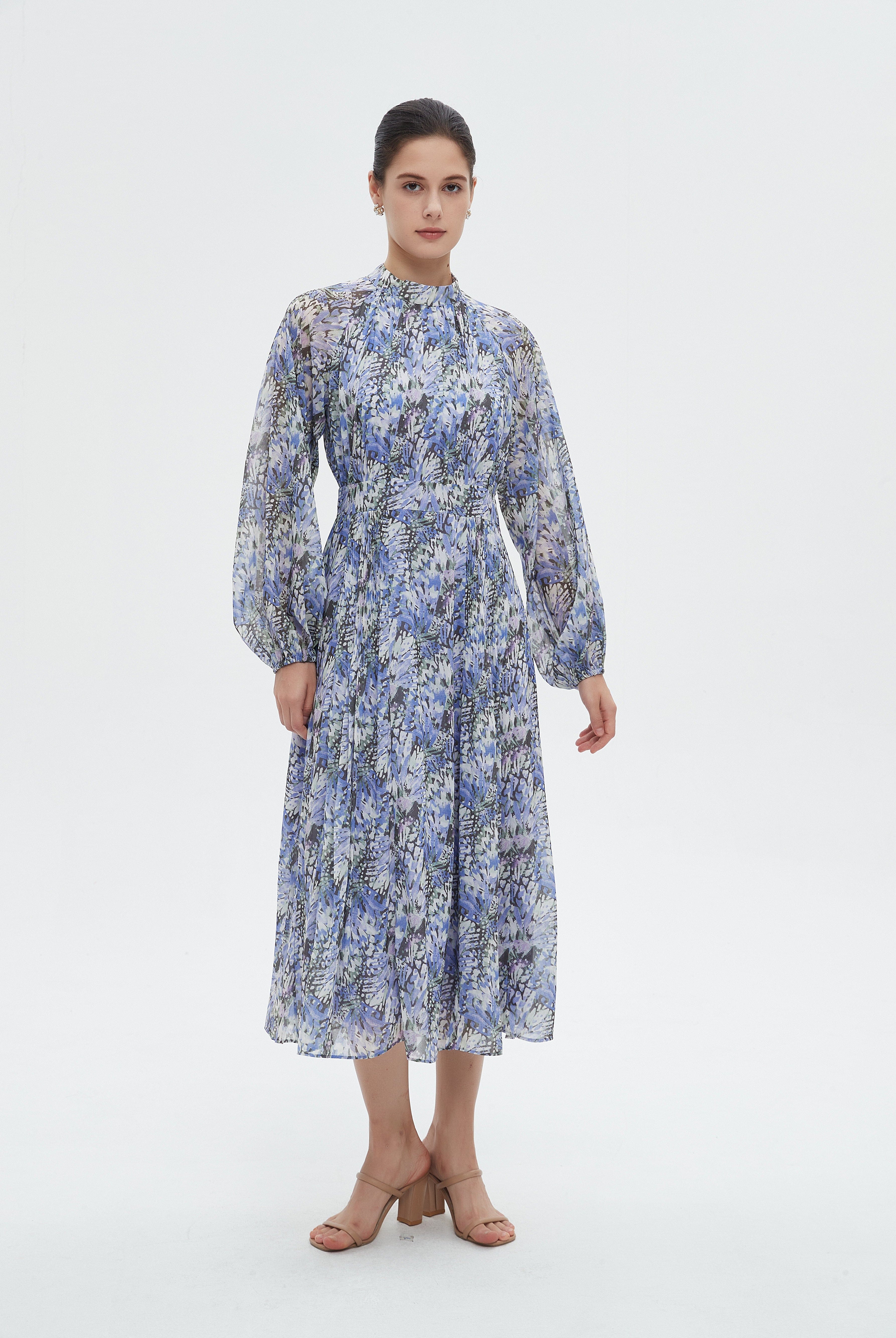 ميكا فستان نسائي ميدي مشجر بأكمام طويلة