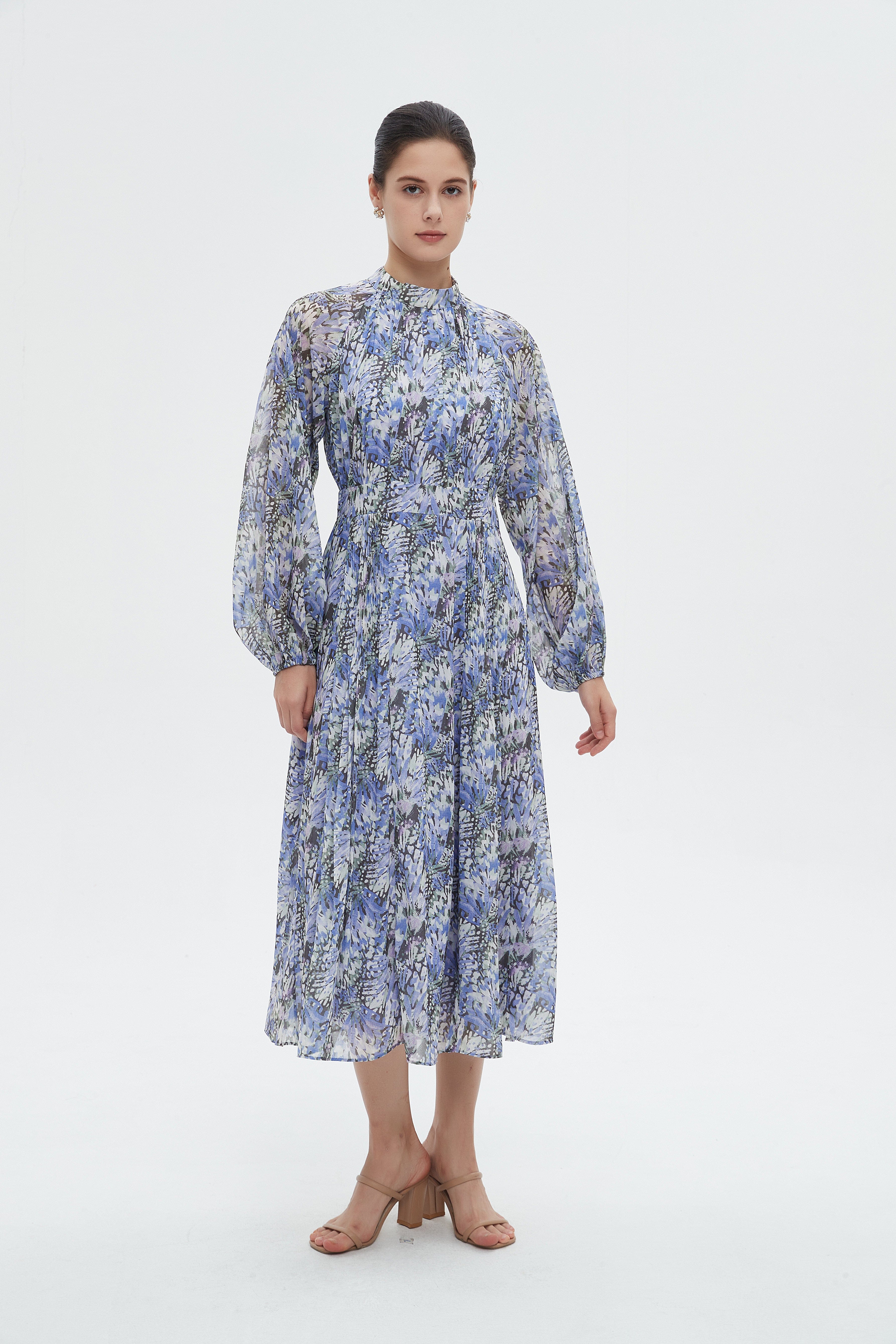 ميكا فستان نسائي ميدي مشجر بأكمام طويلة